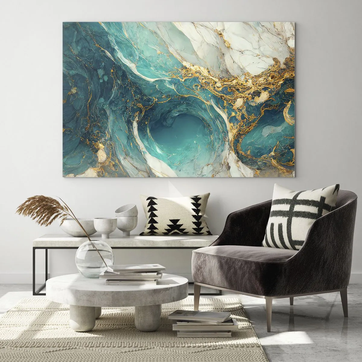 Schilderen op glas - Abstracte compositie met turquoise en gouden aderen - 70x50cm - Compositie met goudaders - Moderne wanddecoratie voor woonkamer en slaapkamer ARTTOR