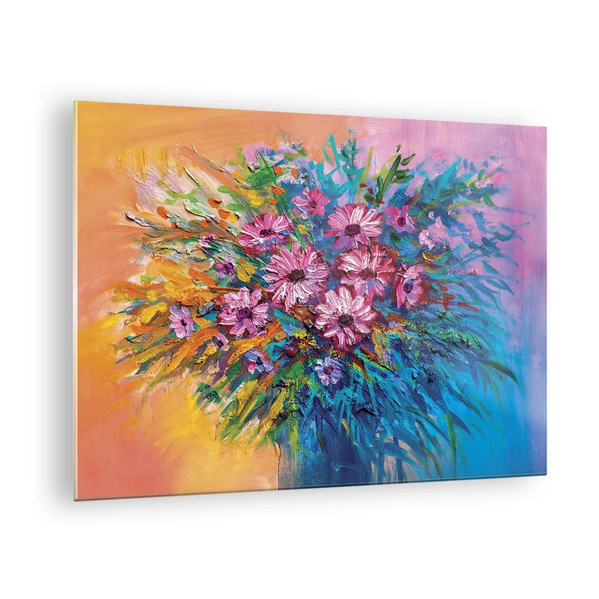 Schilderen op glas - Een boeket roze bloemen in een artistieke, kleurrijke compositie - 70x50cm - Levensenergie - Moderne wanddecoratie voor woonkamer en slaapkamer ARTTOR