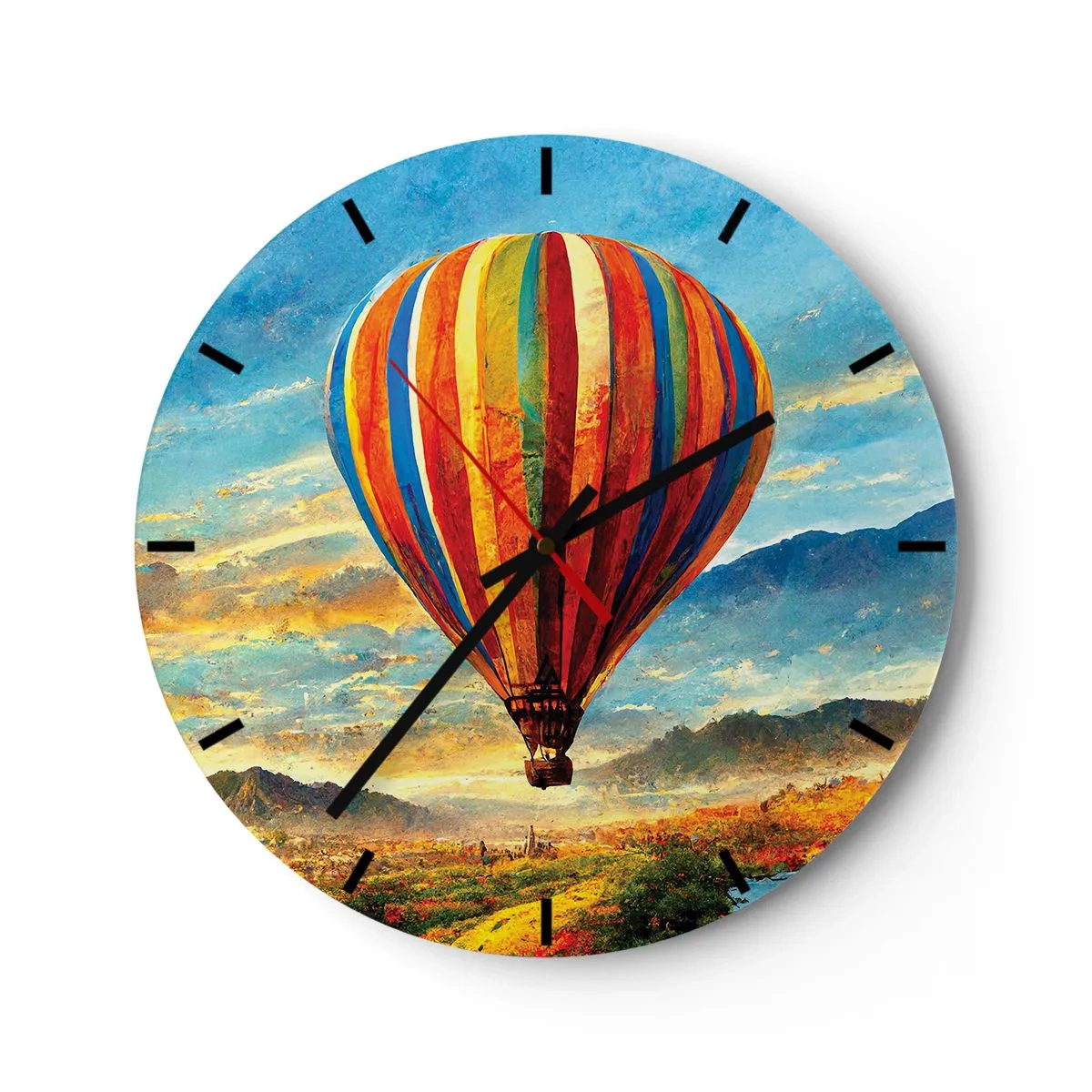 Wandklok - Klok - Een kleurrijke ballon tegen een berglandschap bij zonsopgang - 30x30cm - In stilte zie je meer - Moderne wanddecoratie voor woonkamer, keuken en slaapkamer ARTTOR