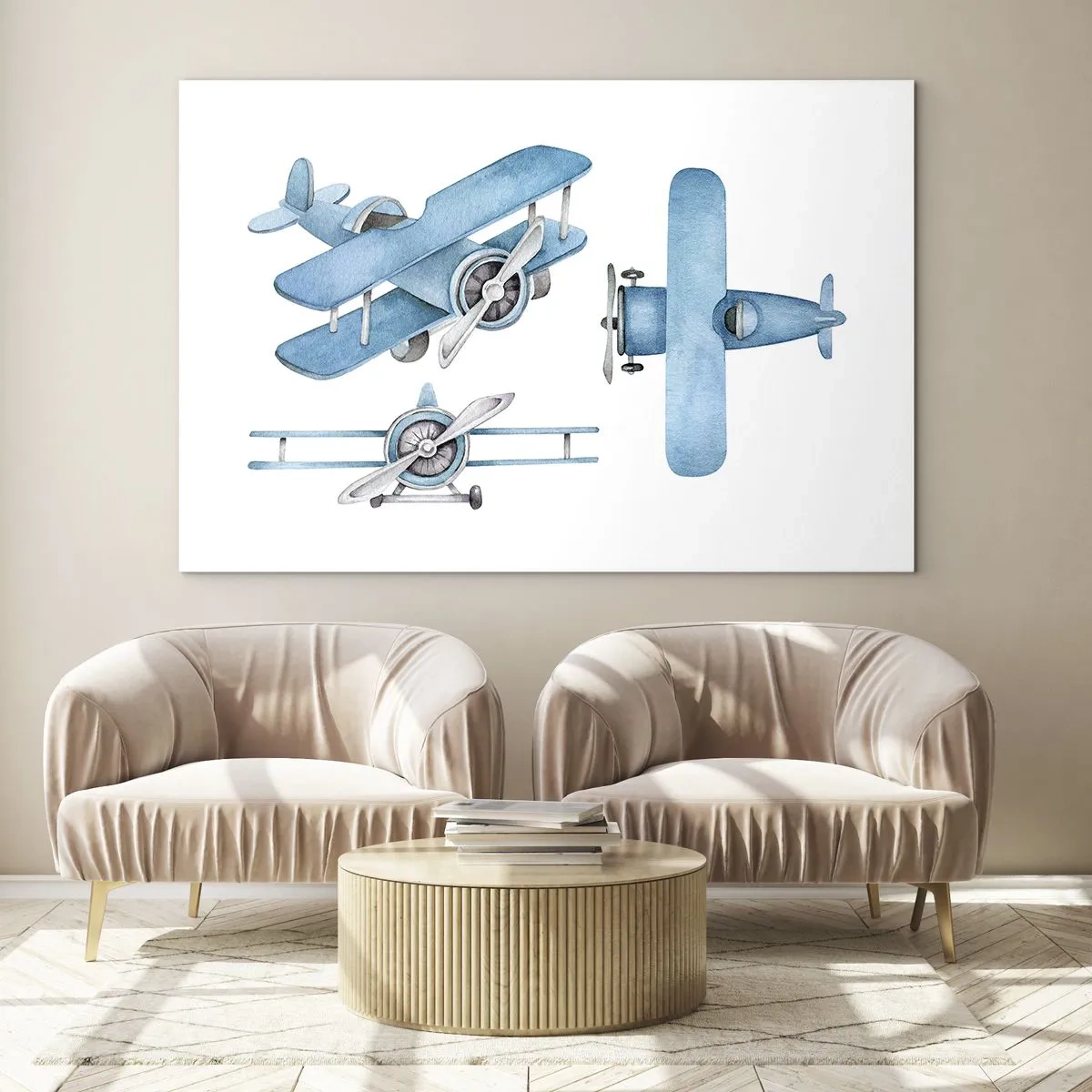 Schilderen op glas - Blauwe retrovliegtuigen op een witte achtergrond voor kinderen - 70x50cm - Een geboren winnaar - Moderne wanddecoratie voor woonkamer en slaapkamer ARTTOR