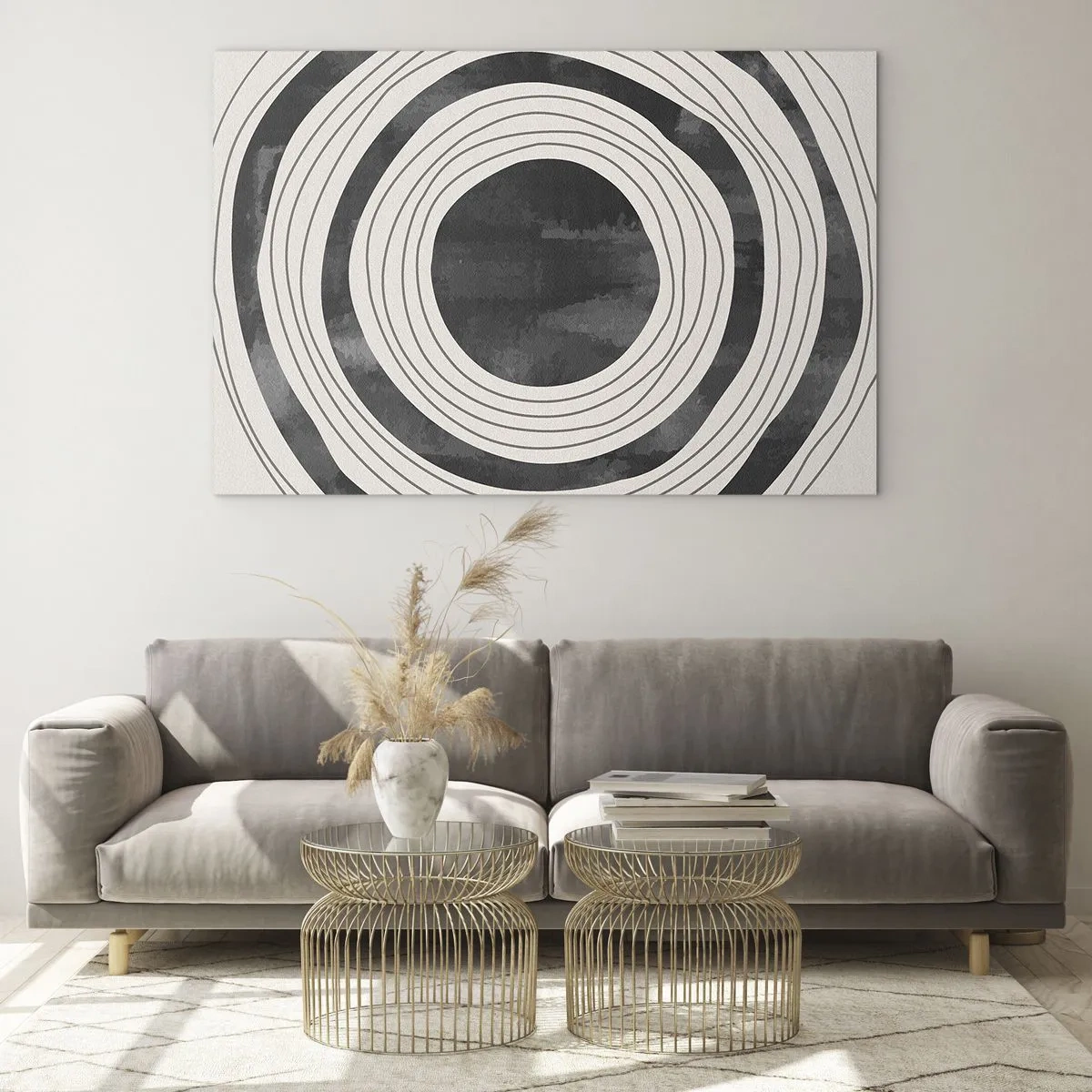 Schilderen op glas - Zwart-witte concentrische cirkels met onregelmatige contouren - 70x50cm - Precies op het punt - Moderne wanddecoratie voor woonkamer en slaapkamer ARTTOR