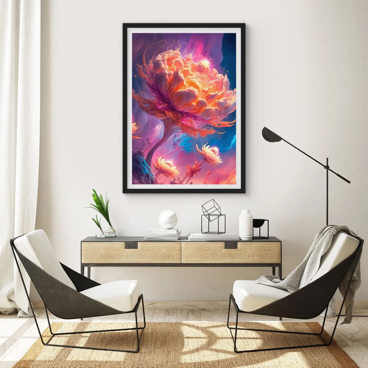 Poster in een zwarte lijst - Een fantastische boom in de vorm van een bloeiende bloem - 50x70cm - Andere wereld - Moderne wanddecoratie voor woonkamer en slaapkamer ARTTOR