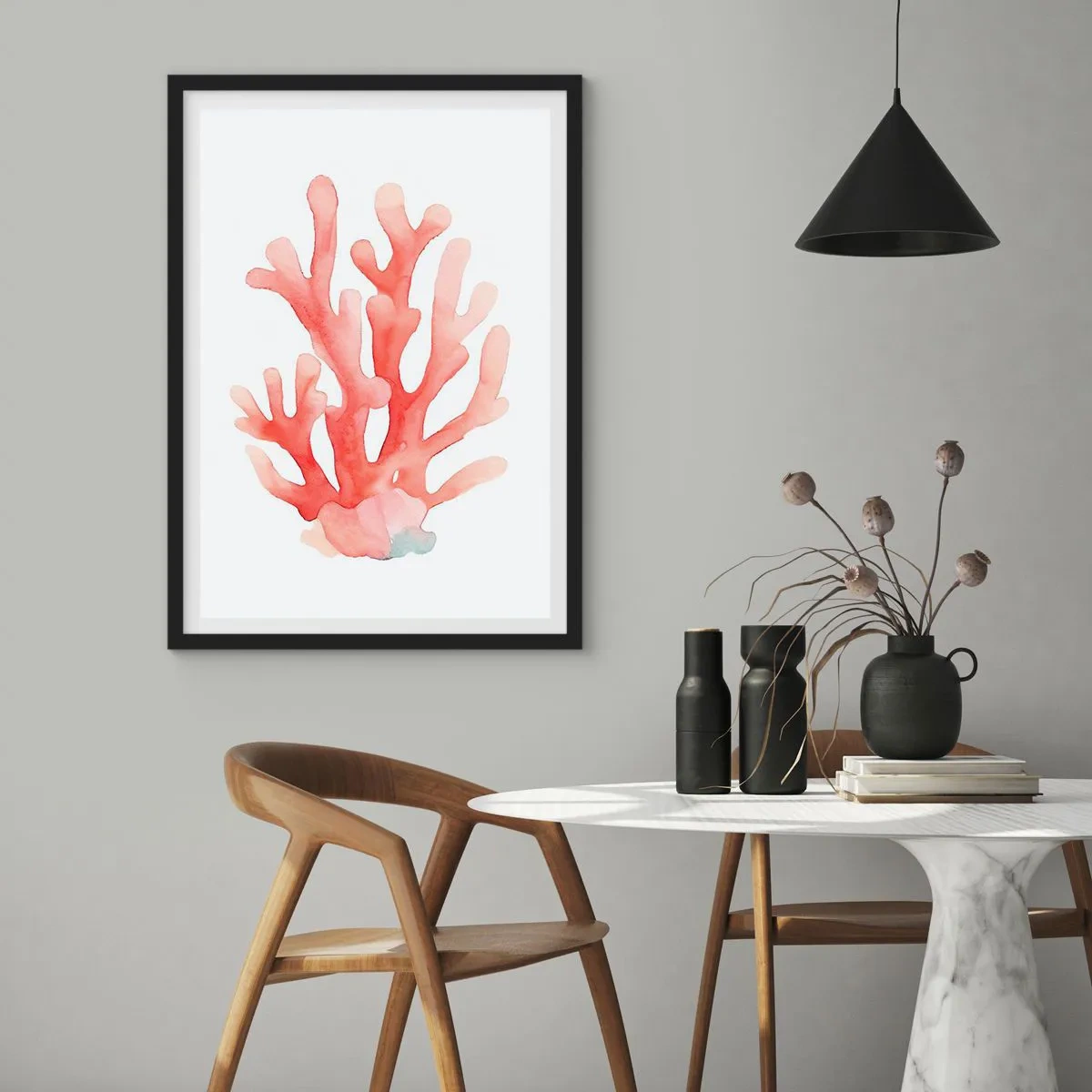 Poster in een zwarte lijst - Aquarelillustratie van rood koraal op een witte achtergrond - 50x70cm - Koraalkleurig koraal - Moderne wanddecoratie voor woonkamer en slaapkamer ARTTOR