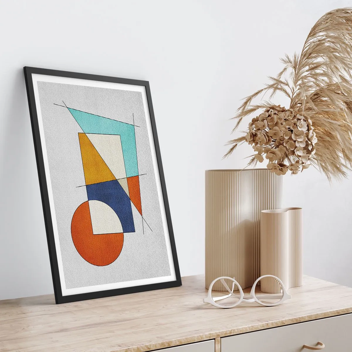 Poster in een zwarte lijst - Geometrische abstractie met kleurrijke figuren en lijnen - 50x70cm - Abstractie: modernistisch plezier - Moderne wanddecoratie voor woonkamer en slaapkamer ARTTOR