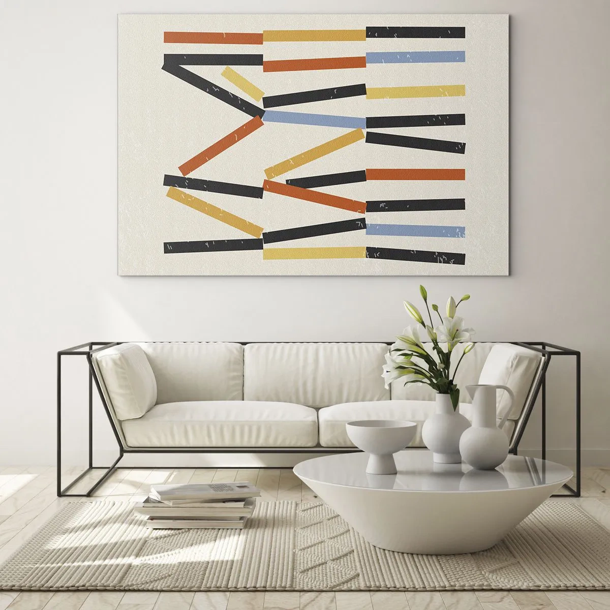 Schilderen op glas - Kleurrijke abstractie van horizontale en diagonale strepen op een lichte achtergrond - 70x50cm - Compositie op goed niveau - Moderne wanddecoratie voor woonkamer en slaapkamer ARTTOR