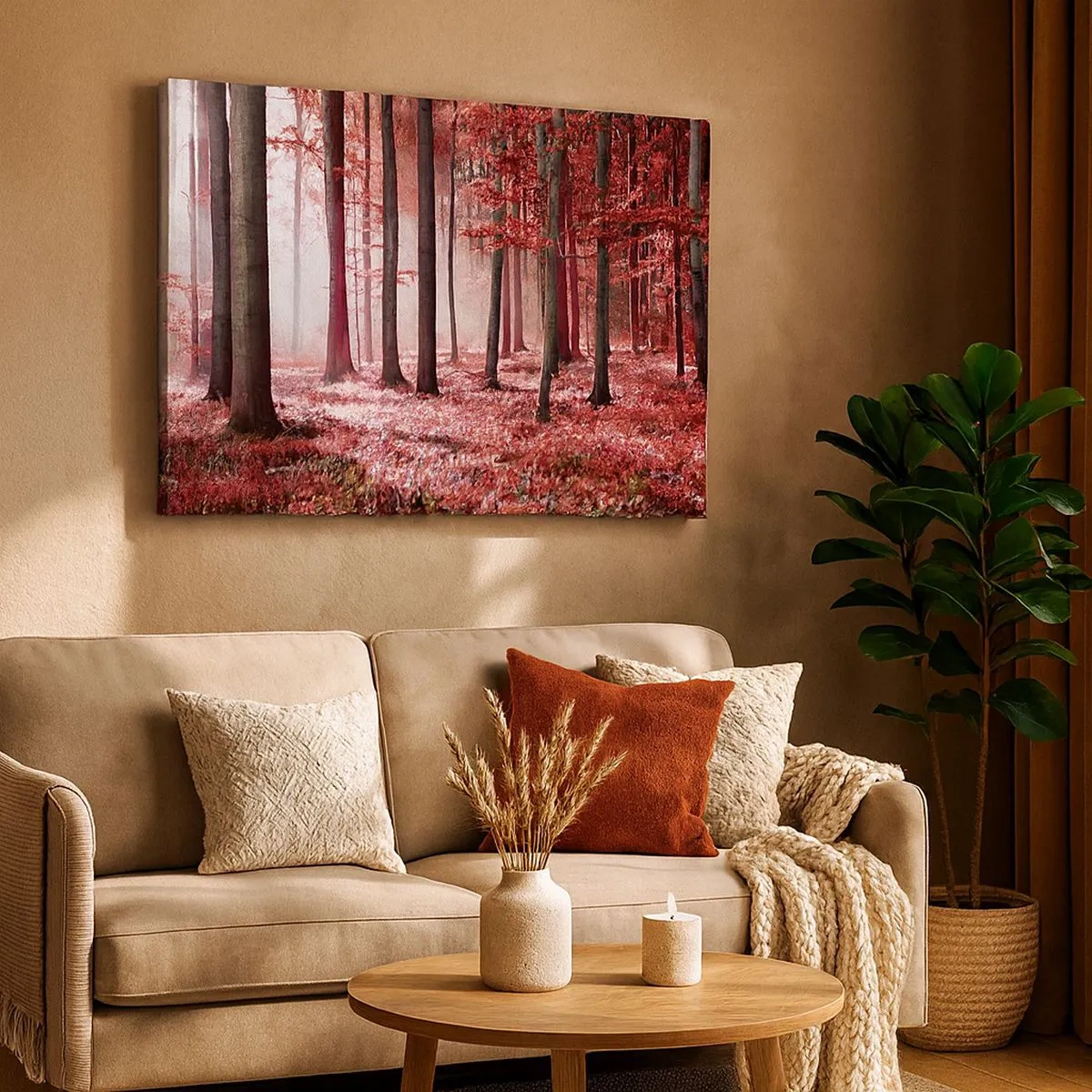 Schilderen op canvas - Een prachtig bos in rode tinten met lichtstralen die door de bomen heen dringen - 70x50cm - Rood is net zo mooi - Moderne wanddecoratie voor woonkamer en slaapkamer ARTTOR