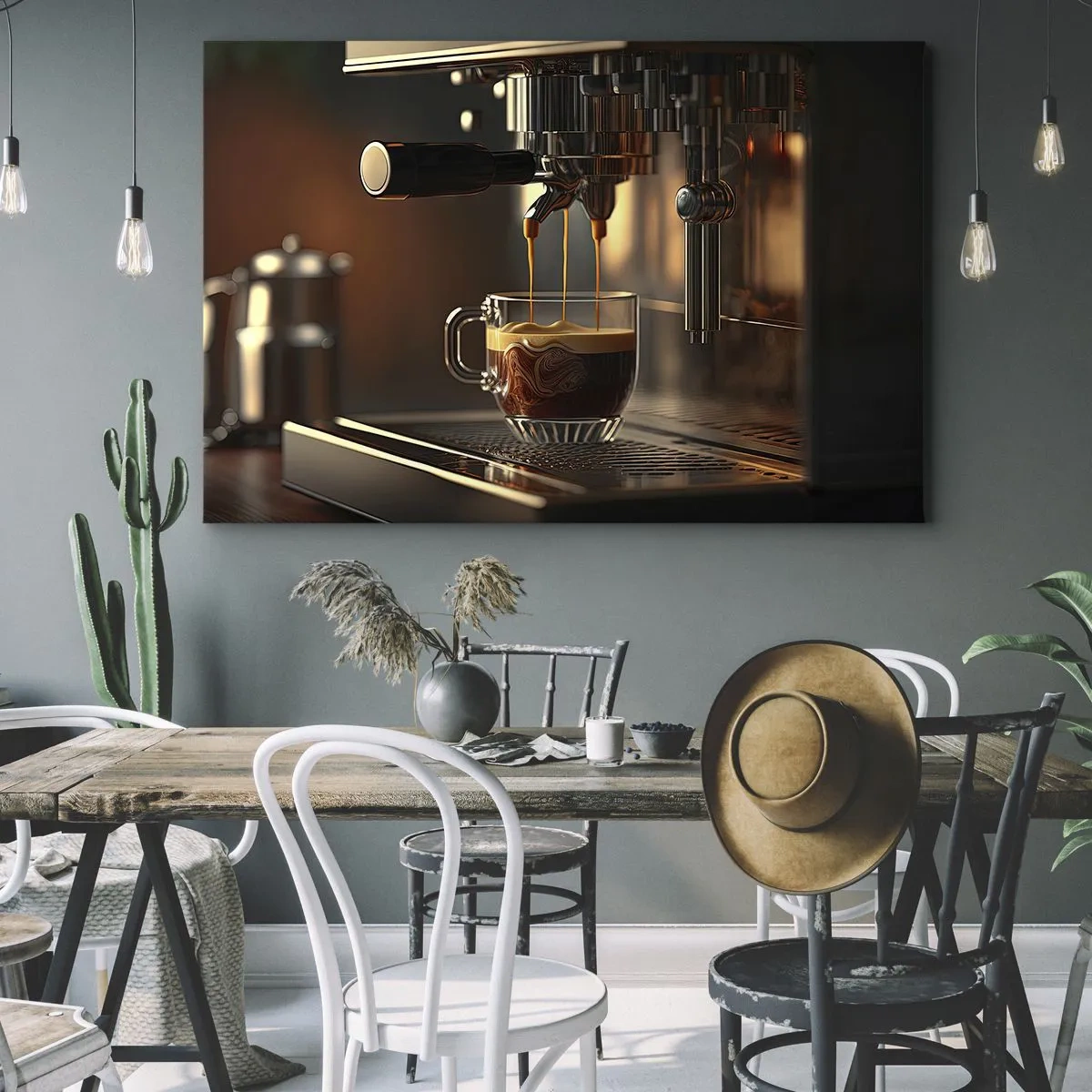 Schilderen op canvas - Koffiemachine met een kopje aromatische espresso - 70x50cm - Een sensuele mix - Moderne wanddecoratie voor woonkamer en slaapkamer ARTTOR
