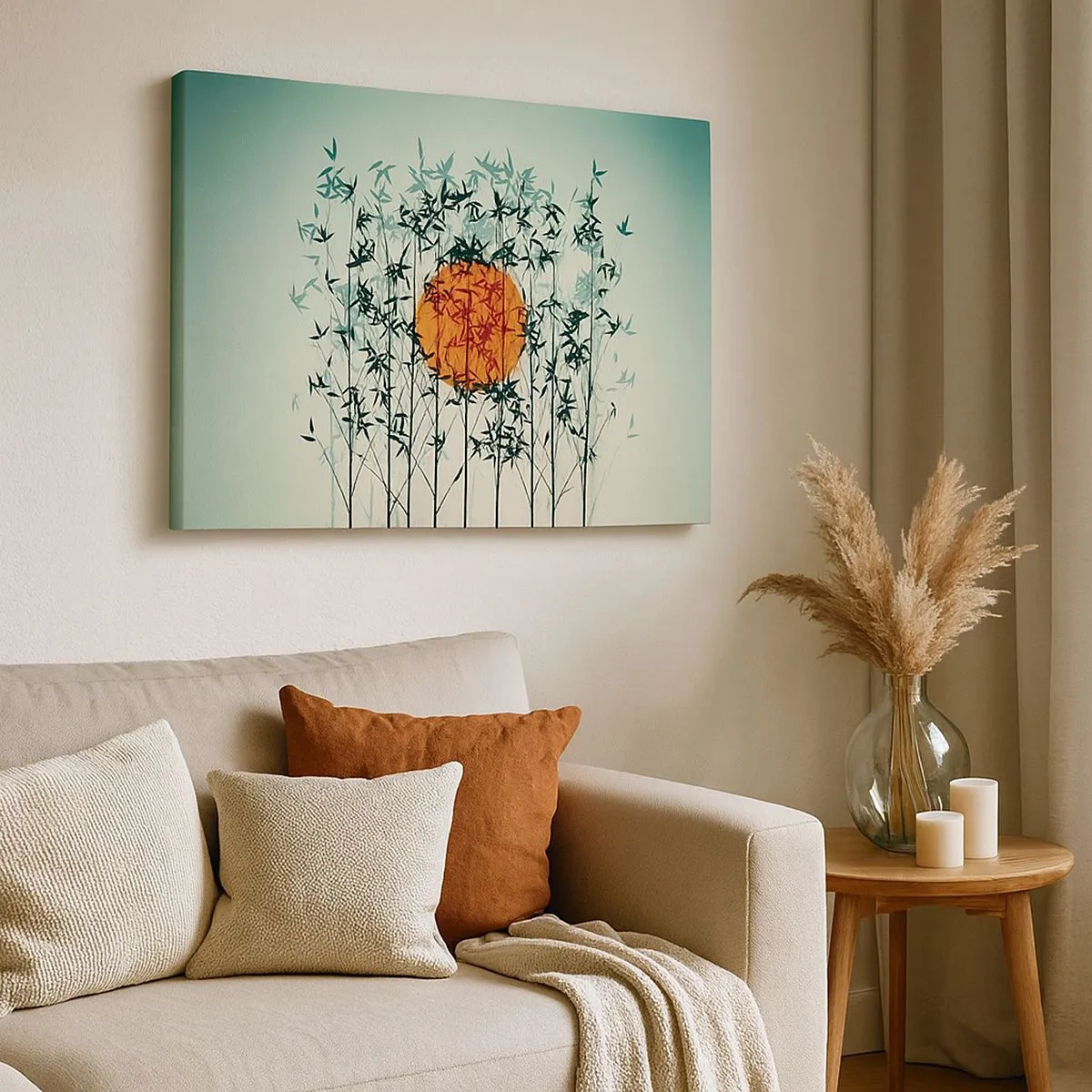 Schilderen op canvas - Oranje zon tussen de bamboetakken - 70x50cm - Japanse zon - Moderne wanddecoratie voor woonkamer en slaapkamer ARTTOR