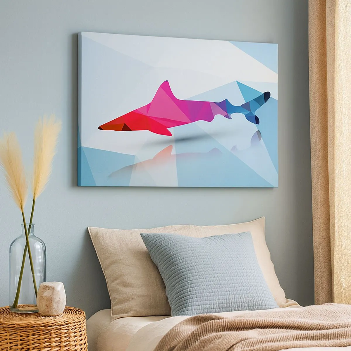 Schilderen op canvas - Geometrisch haaiensilhouet in tinten roze en blauw - 70x50cm - Een haai in een kristallen ruimte - Moderne wanddecoratie voor woonkamer en slaapkamer ARTTOR