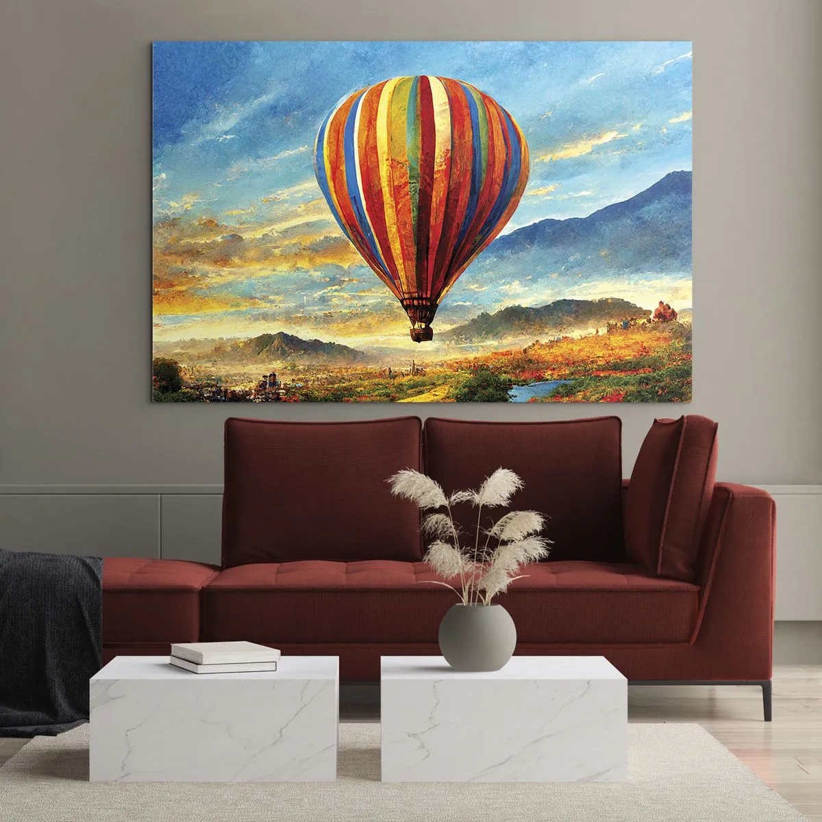 Schilderen op glas - Een kleurrijke ballon die over een berglandschap zweeft - 70x50cm - In stilte zie je meer - Moderne wanddecoratie voor woonkamer en slaapkamer ARTTOR