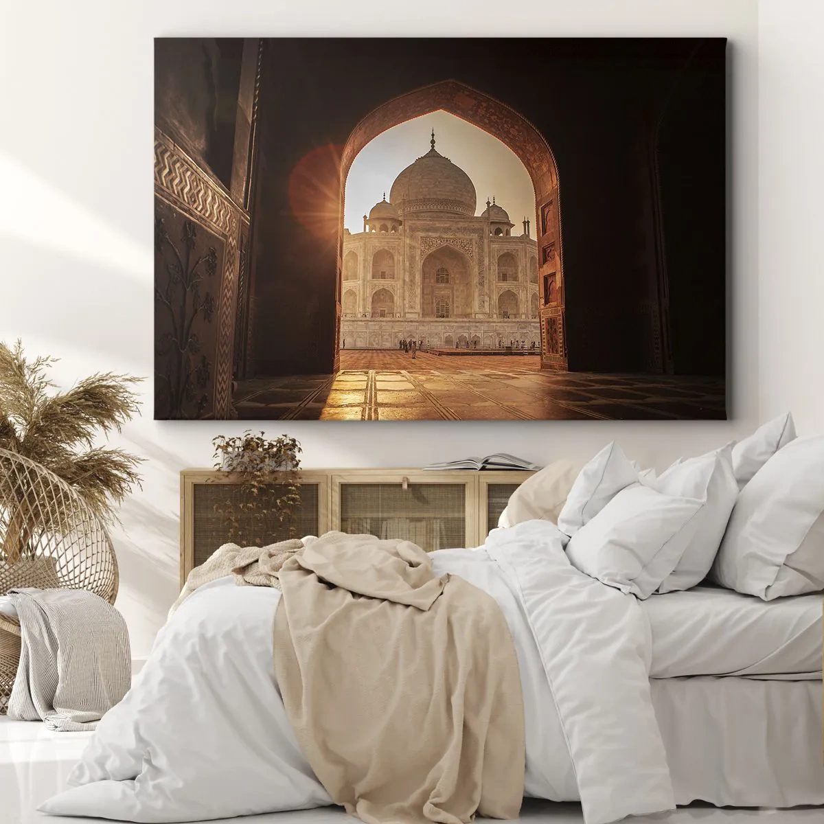 Schilderen op canvas - Taj Mahal in het zonlicht gezien vanaf de poortboog - 70x50cm - Een monument voor onaardse liefde - Moderne wanddecoratie voor woonkamer en slaapkamer ARTTOR