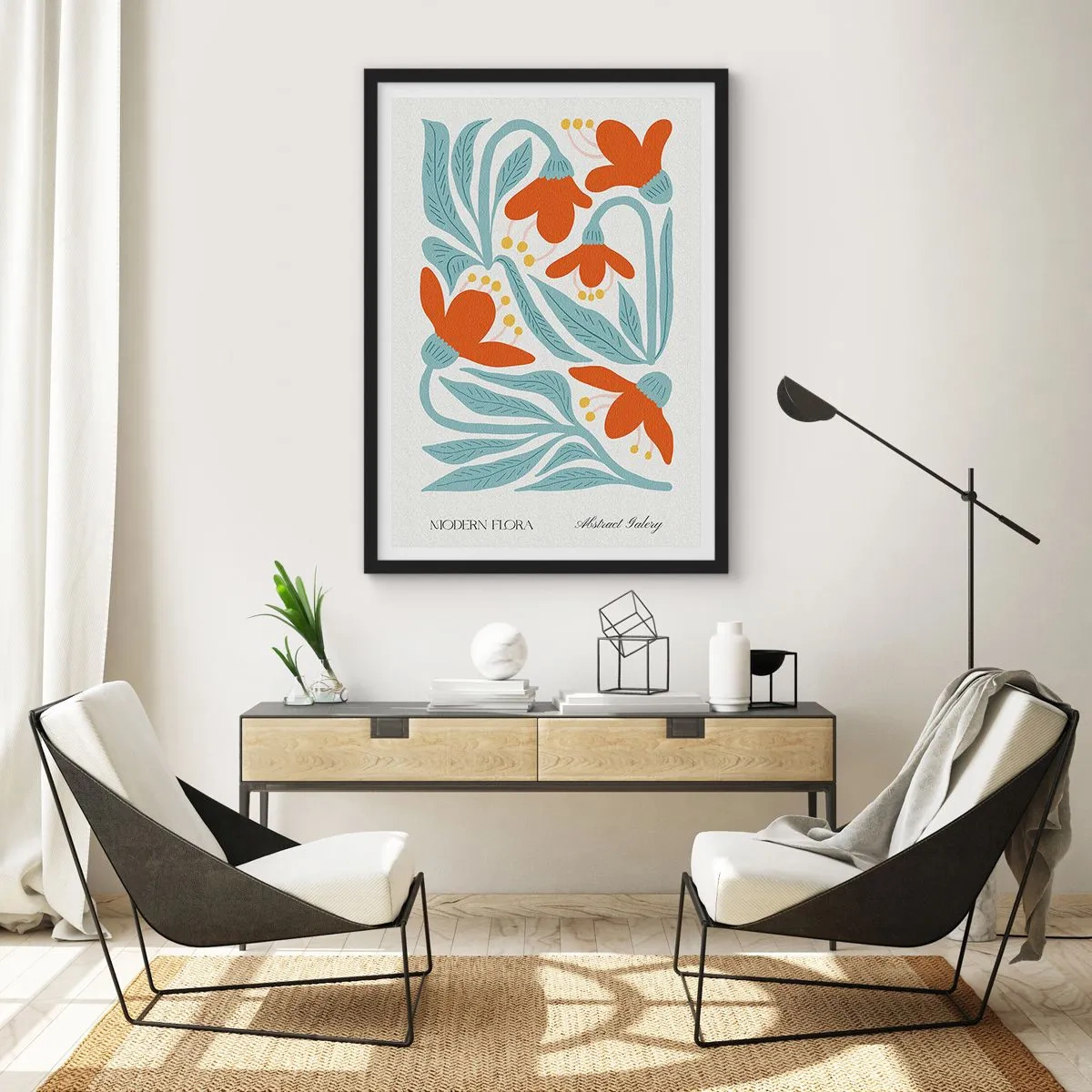 Poster in een zwarte lijst - Decoratieve bloemen in tinten oranje en blauw - 50x70cm - Naar de aarde, naar de zon - Moderne wanddecoratie voor woonkamer en slaapkamer ARTTOR