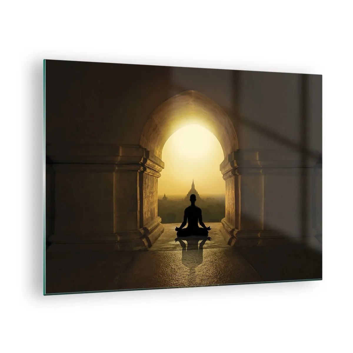 Schilderen op glas - Silhouet van een mediterende persoon in het licht van de ondergaande zon in een architectonische boog - 70x50cm - Volledige harmonie - Moderne wanddecoratie voor woonkamer en slaapkamer ARTTOR