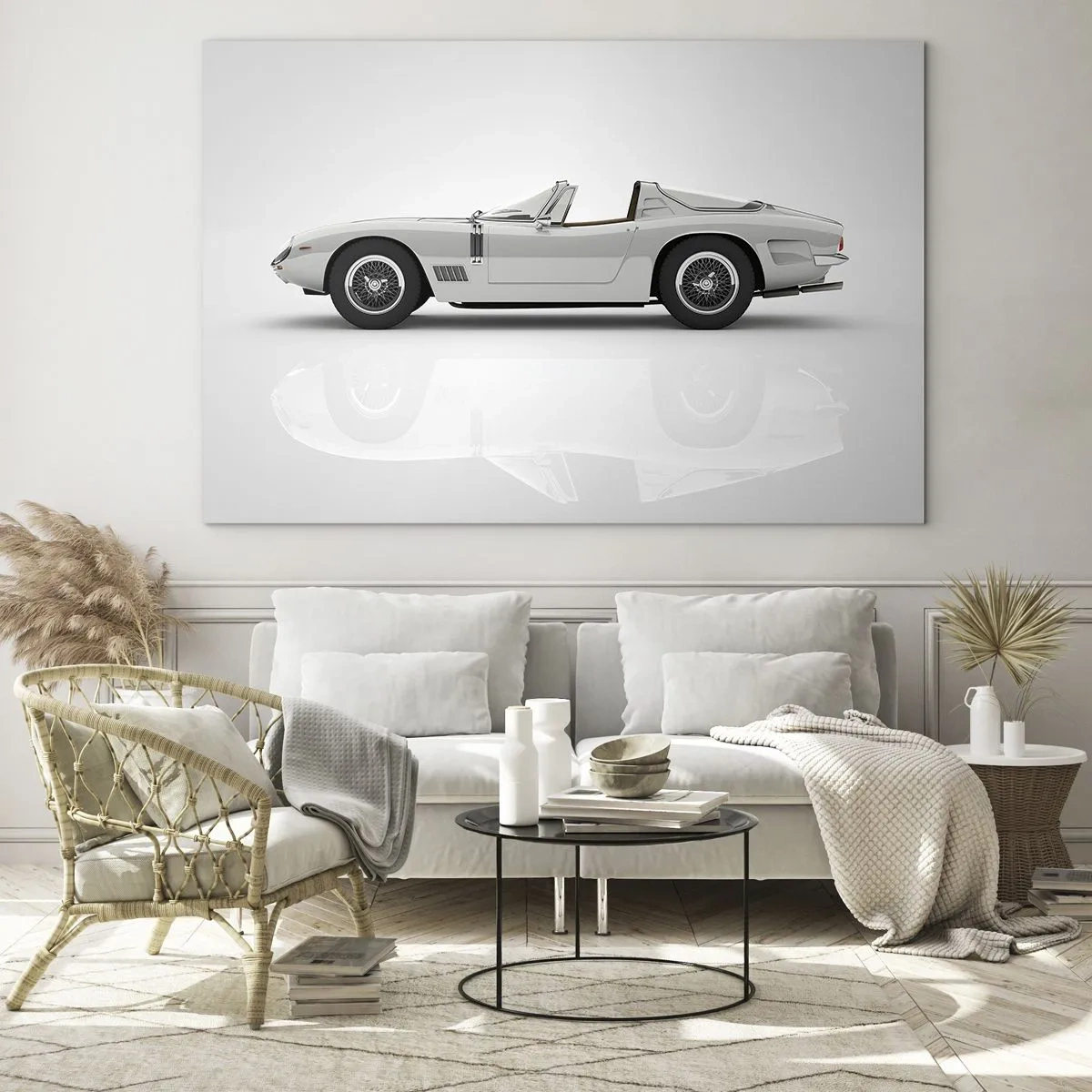 Schilderen op glas - Een klassieke witte cabriolet tegen een minimalistische achtergrond met reflecties. - 70x50cm - Belofte van plezier - Moderne wanddecoratie voor woonkamer en slaapkamer ARTTOR
