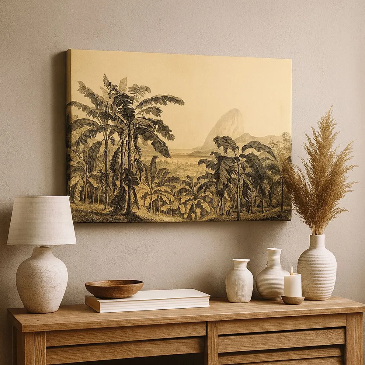 Schilderen op canvas - Tekening van bananenbomen tegen een tropische landschapsachtergrond - 70x50cm - in een koloniaal klimaat - Moderne wanddecoratie voor woonkamer en slaapkamer ARTTOR