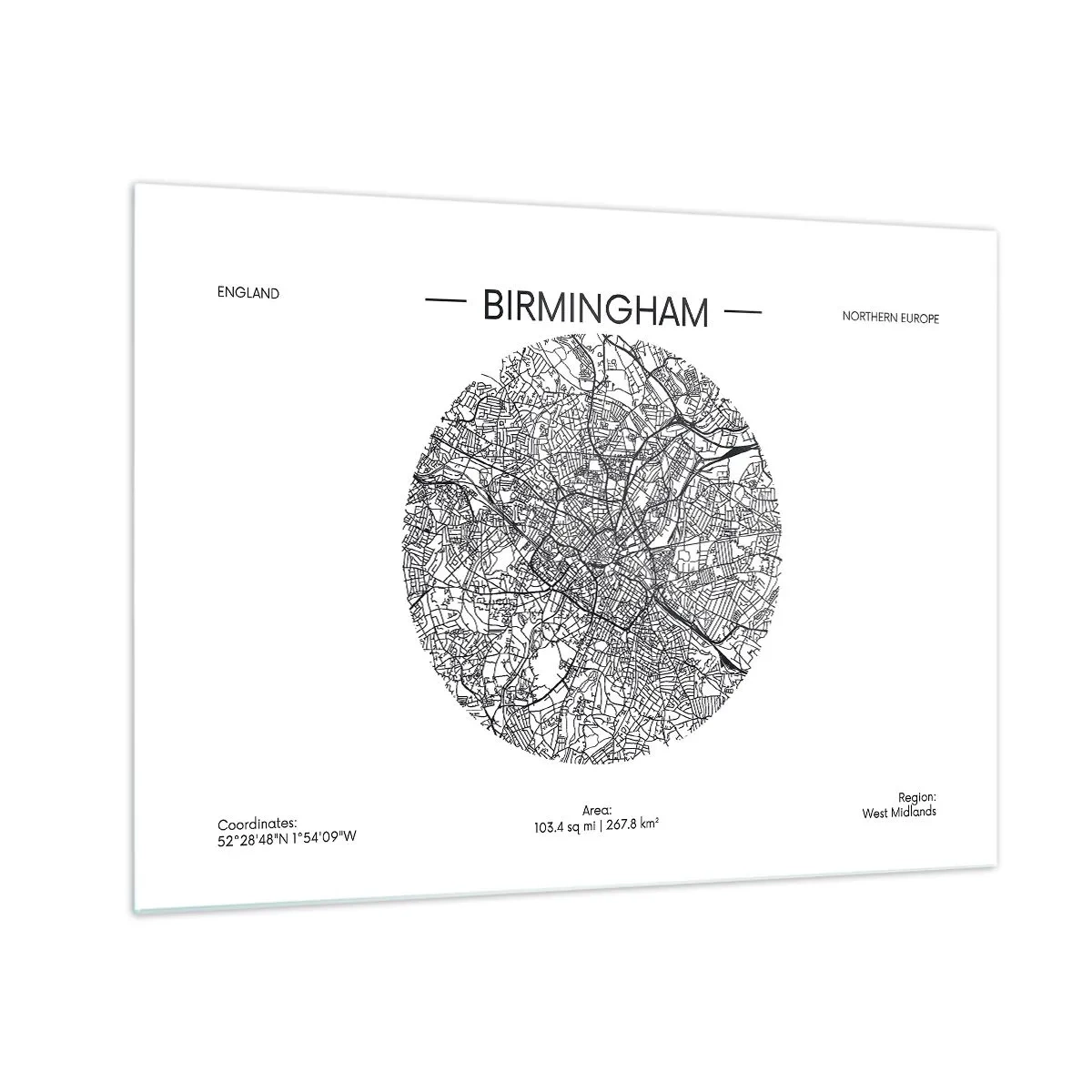 Schilderen op glas - Zwart-witkaart van Birmingham in een moderne grafische stijl - 70x50cm - Anatomie van Birmingham - Moderne wanddecoratie voor woonkamer en slaapkamer ARTTOR