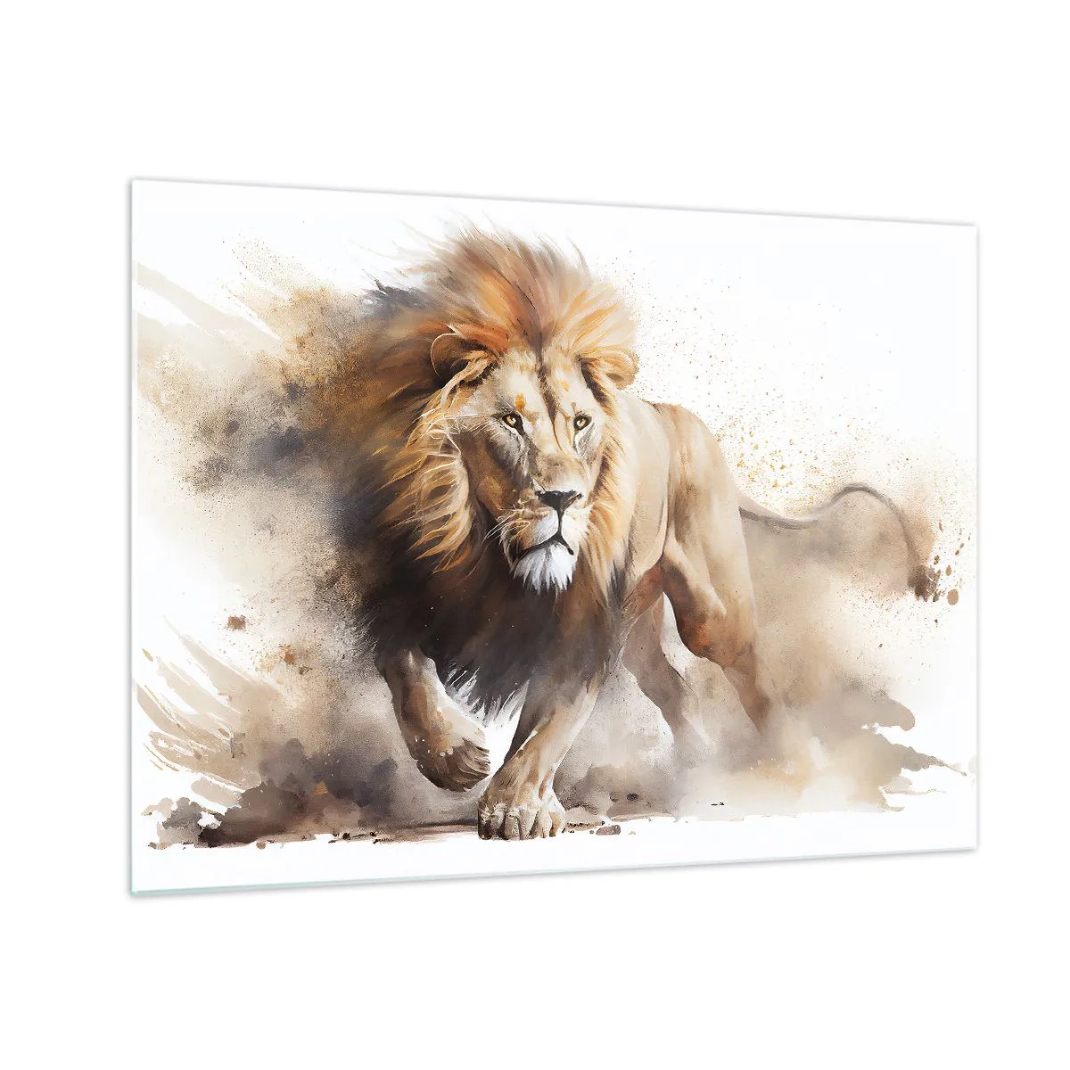 Schilderen op glas - Een dynamische aquarelachtige foto van een rennende leeuw - 70x50cm - De koning vertrekt - Moderne wanddecoratie voor woonkamer en slaapkamer ARTTOR