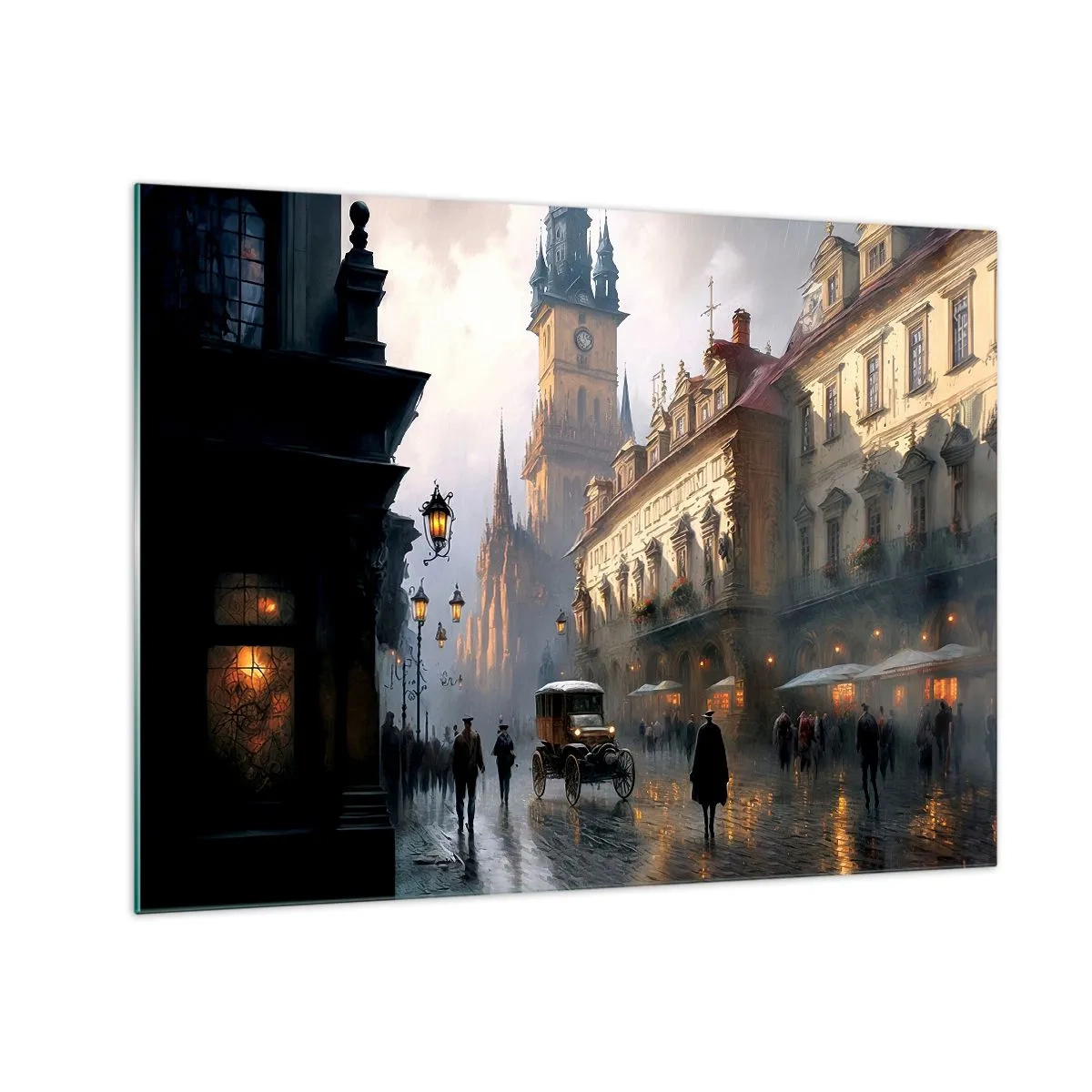 Schilderen op glas - Een historische straat verlicht door lantaarns in de schemering - 70x50cm - De charme van een Praagse avond - Moderne wanddecoratie voor woonkamer en slaapkamer ARTTOR