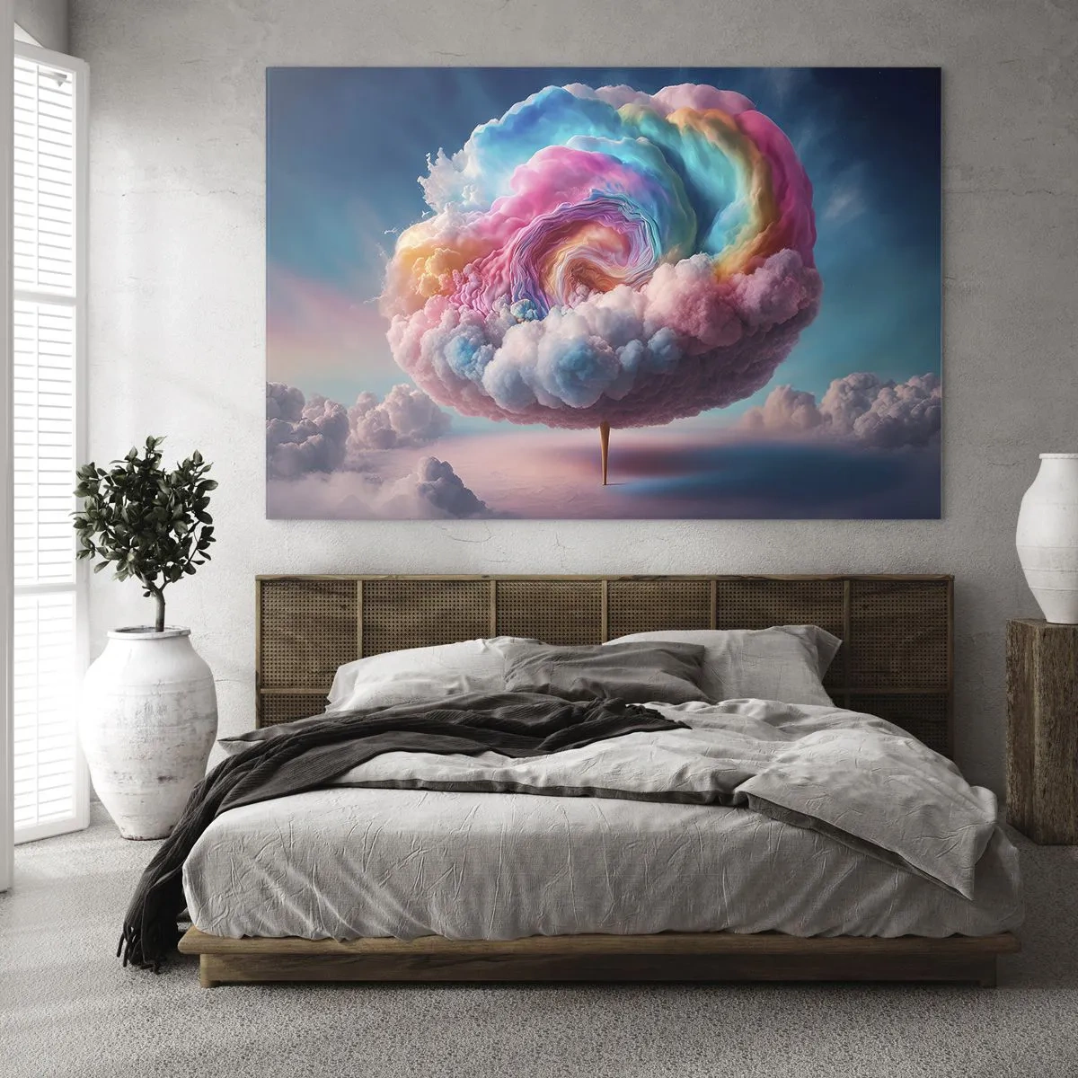 Schilderen op glas - Een fantasierijke wolk in pastelkleuren die op suikerspin lijkt. - 70x50cm - De droom van een pretpark - Moderne wanddecoratie voor woonkamer en slaapkamer ARTTOR
