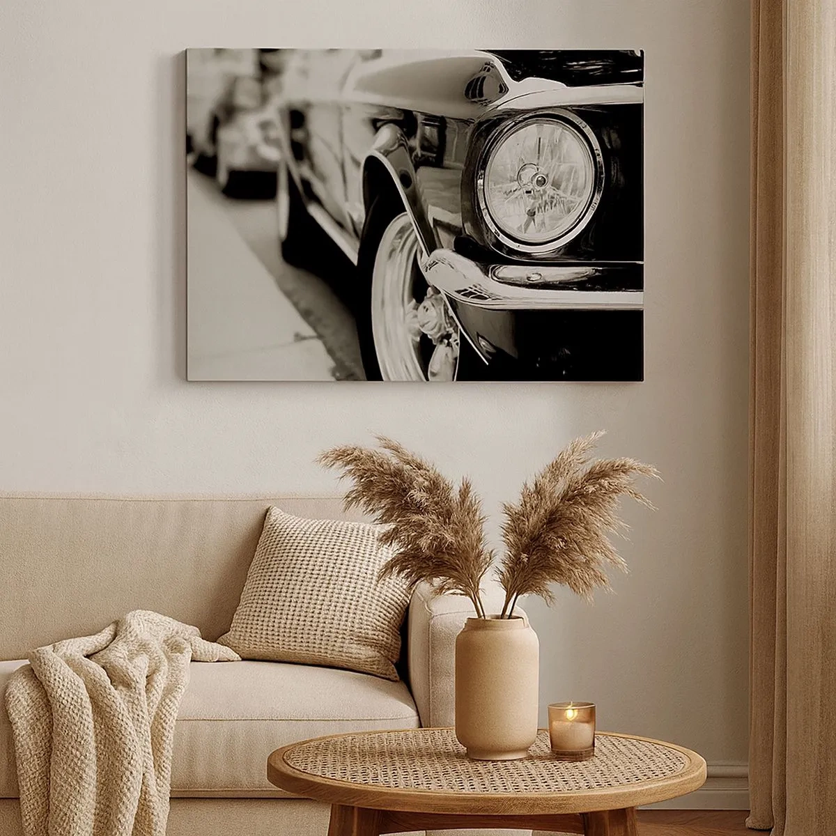 Schilderen op canvas - Een iconische klassieke auto in elegant zwart-wit - 70x50cm - Permanente glans - Moderne wanddecoratie voor woonkamer en slaapkamer ARTTOR