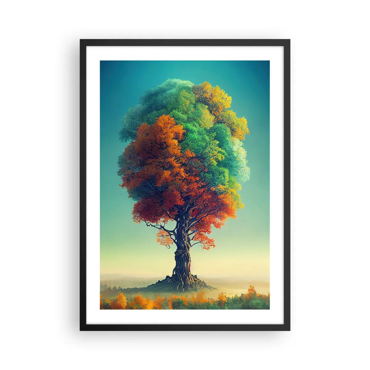 Poster in een zwarte lijst - Een boom in de kleuren van de vier seizoenen - 50x70cm - Eik – de vader van de natuur - Moderne wanddecoratie voor woonkamer en slaapkamer ARTTOR