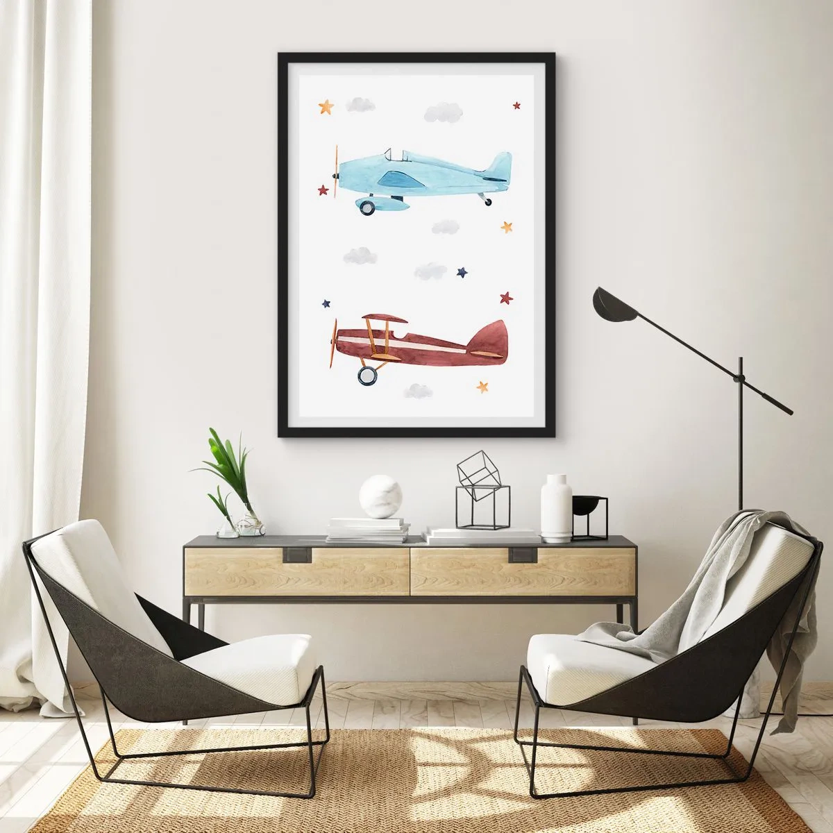 Poster in een zwarte lijst - Aquarelillustraties van twee vliegtuigen die tussen de wolken en de sterren zweven. - 50x70cm - Meneer Piloot, we wachten! - Moderne wanddecoratie voor woonkamer en slaapkamer ARTTOR