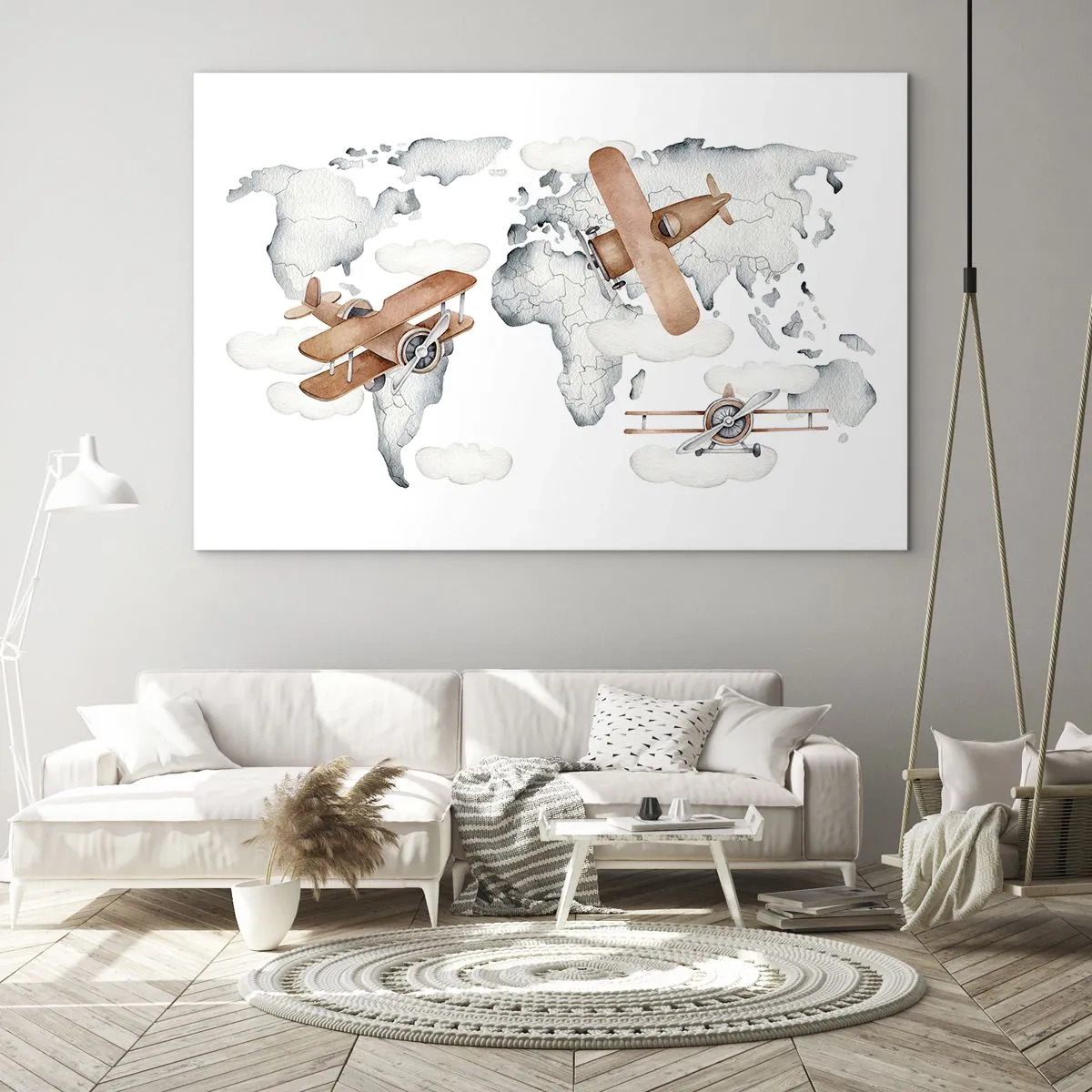 Schilderen op glas - Retro vliegtuig wereldkaart voor kinderen - 70x50cm - In een pioniersgeest - Moderne wanddecoratie voor woonkamer en slaapkamer ARTTOR