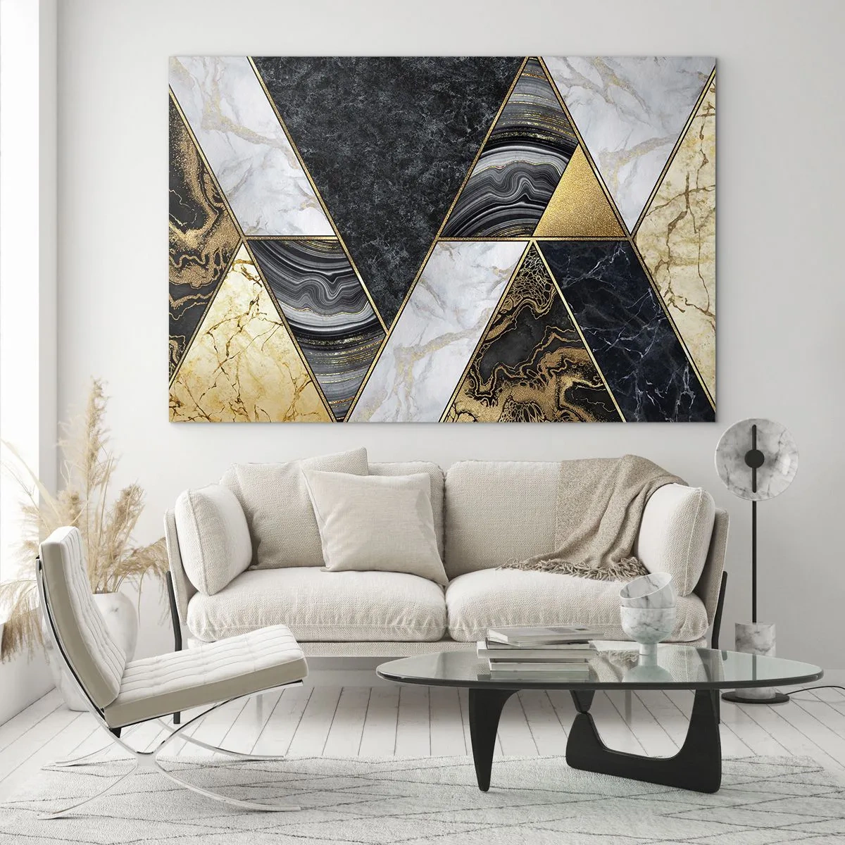 Schilderen op glas - Geometrisch patroon van marmer en gouden driehoeken - 70x50cm - Steen bij steen - Moderne wanddecoratie voor woonkamer en slaapkamer ARTTOR