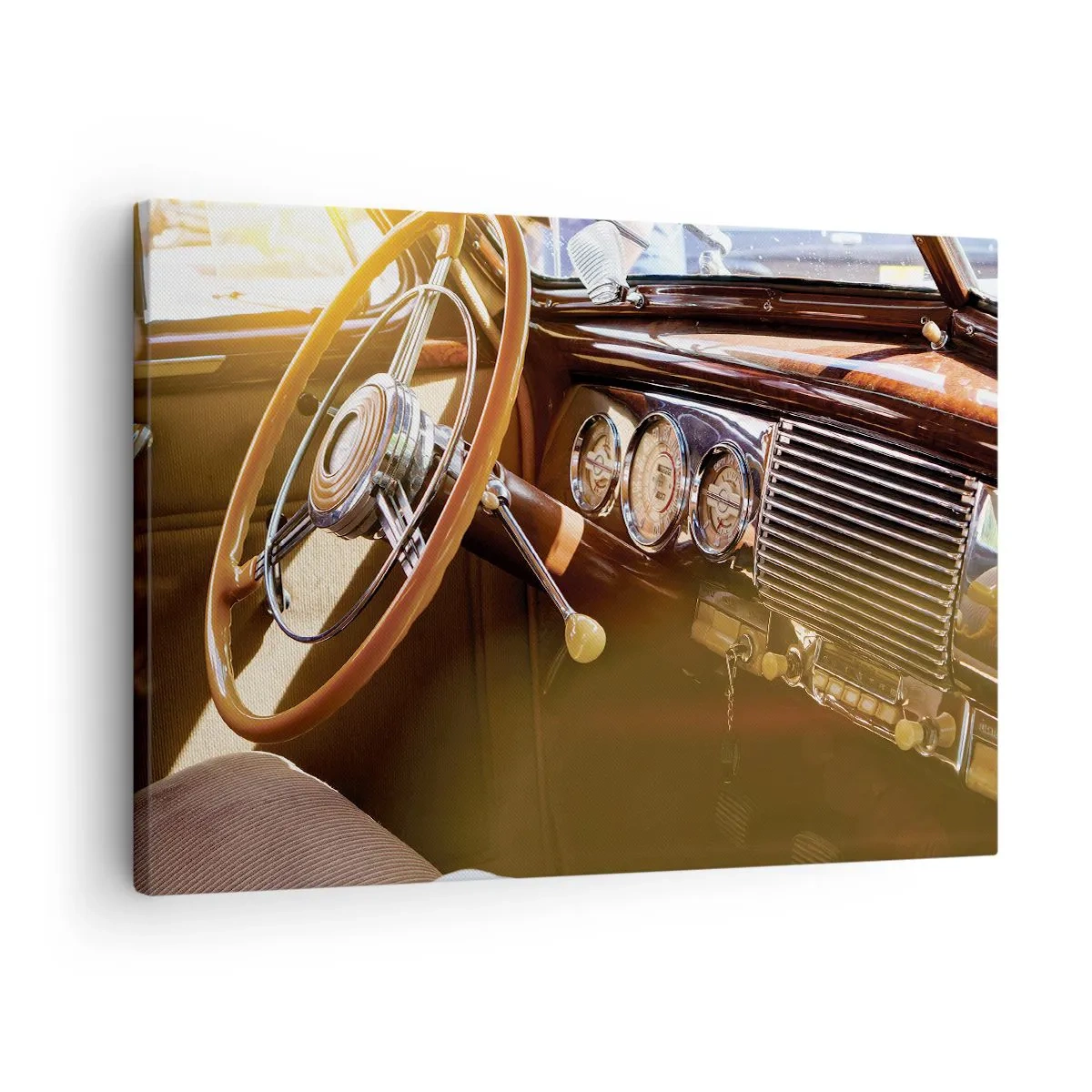 Schilderen op canvas - Close-up van het interieur van een klassieke auto met houten en chromen details. - 70x50cm - Een adem van luxe uit het verleden - Moderne wanddecoratie voor woonkamer en slaapkamer ARTTOR