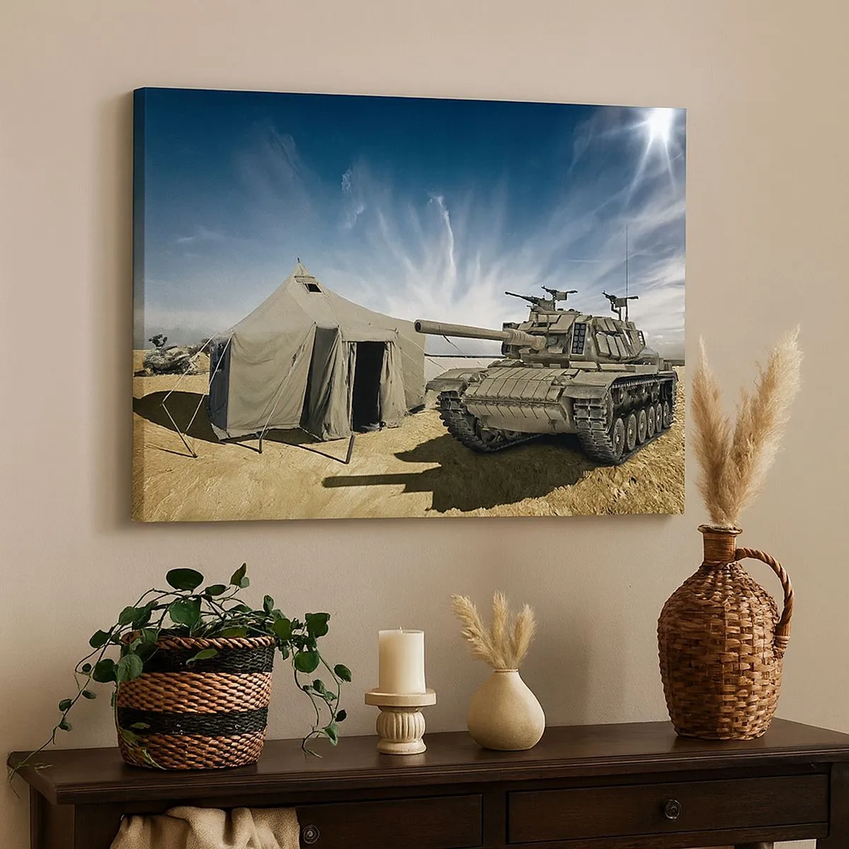 Schilderen op canvas - Een tank naast een militaire tent in een woestijngebied - 70x50cm - Een militaire droom - Moderne wanddecoratie voor woonkamer en slaapkamer ARTTOR