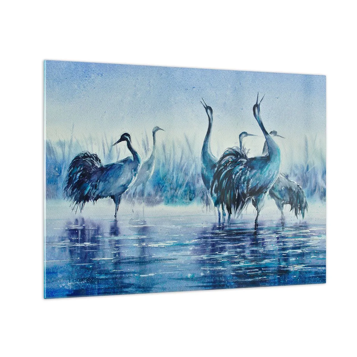 Schilderen op glas - Vogels waden in blauw water - 70x50cm - Ochtendvergadering - Moderne wanddecoratie voor woonkamer en slaapkamer ARTTOR