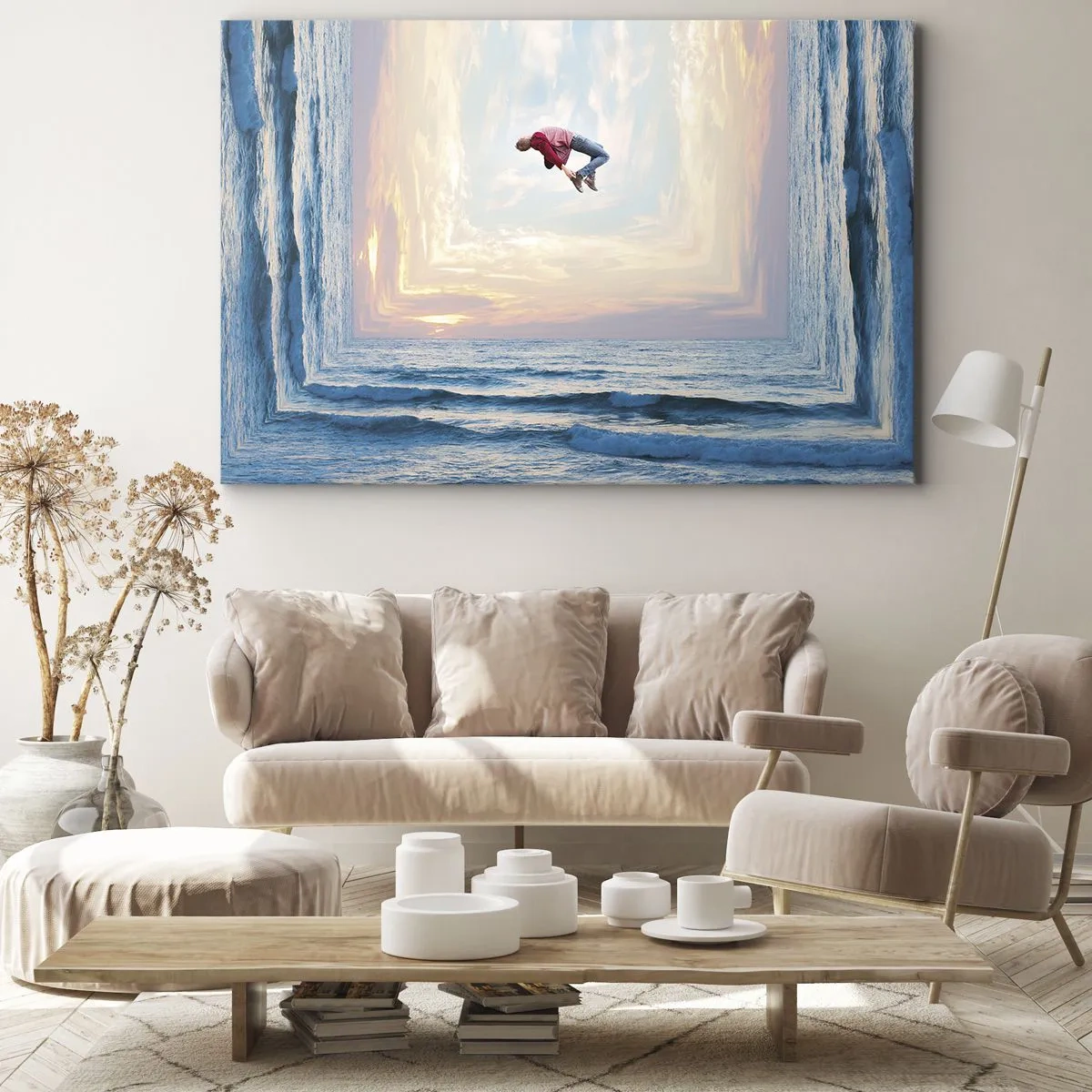 Schilderen op canvas - Surrealistische sprong over de zee in het frame - 70x50cm - Naar een andere dimensie - Moderne wanddecoratie voor woonkamer en slaapkamer ARTTOR