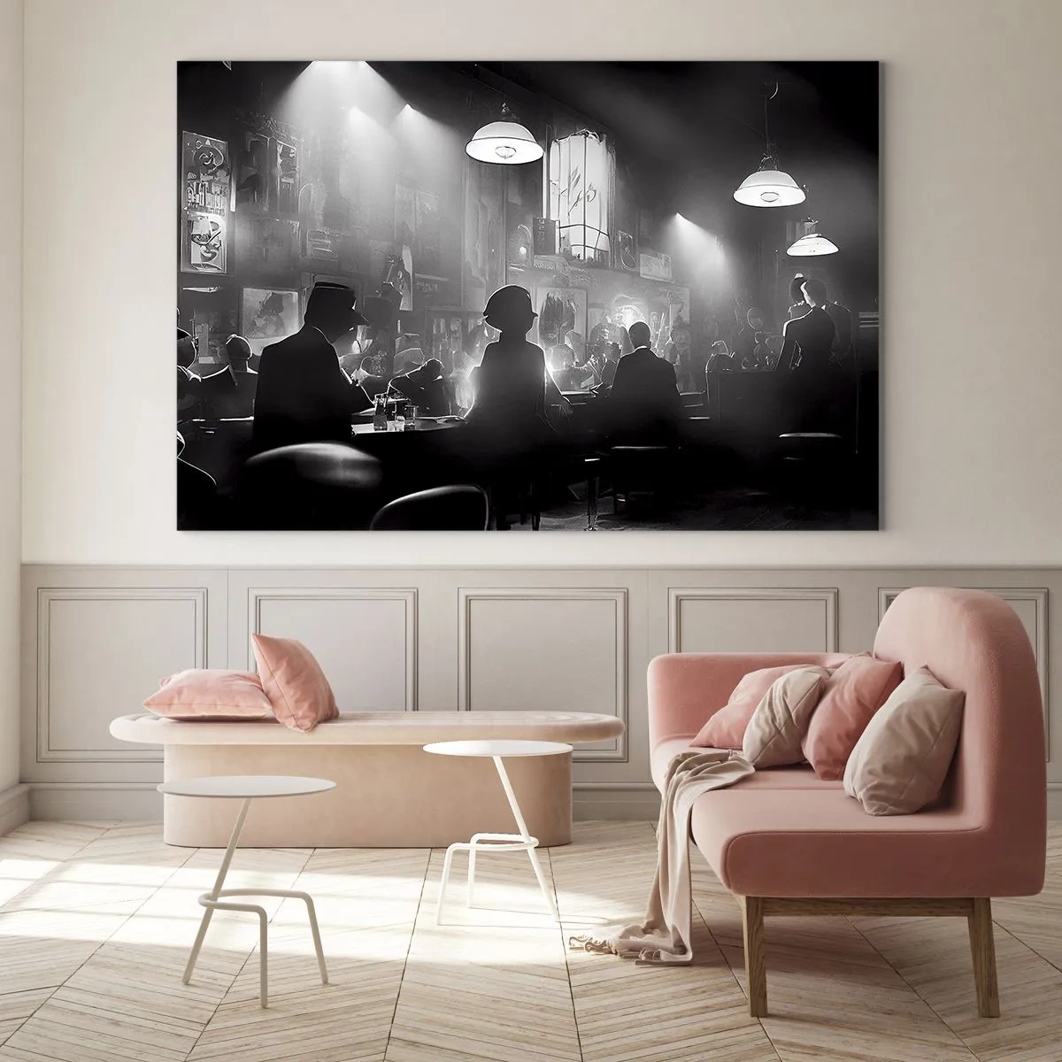 Schilderen op glas - Zwart-wit jazzpodium in een clubinterieur - 70x50cm - In jazz-sfeer - Moderne wanddecoratie voor woonkamer en slaapkamer ARTTOR