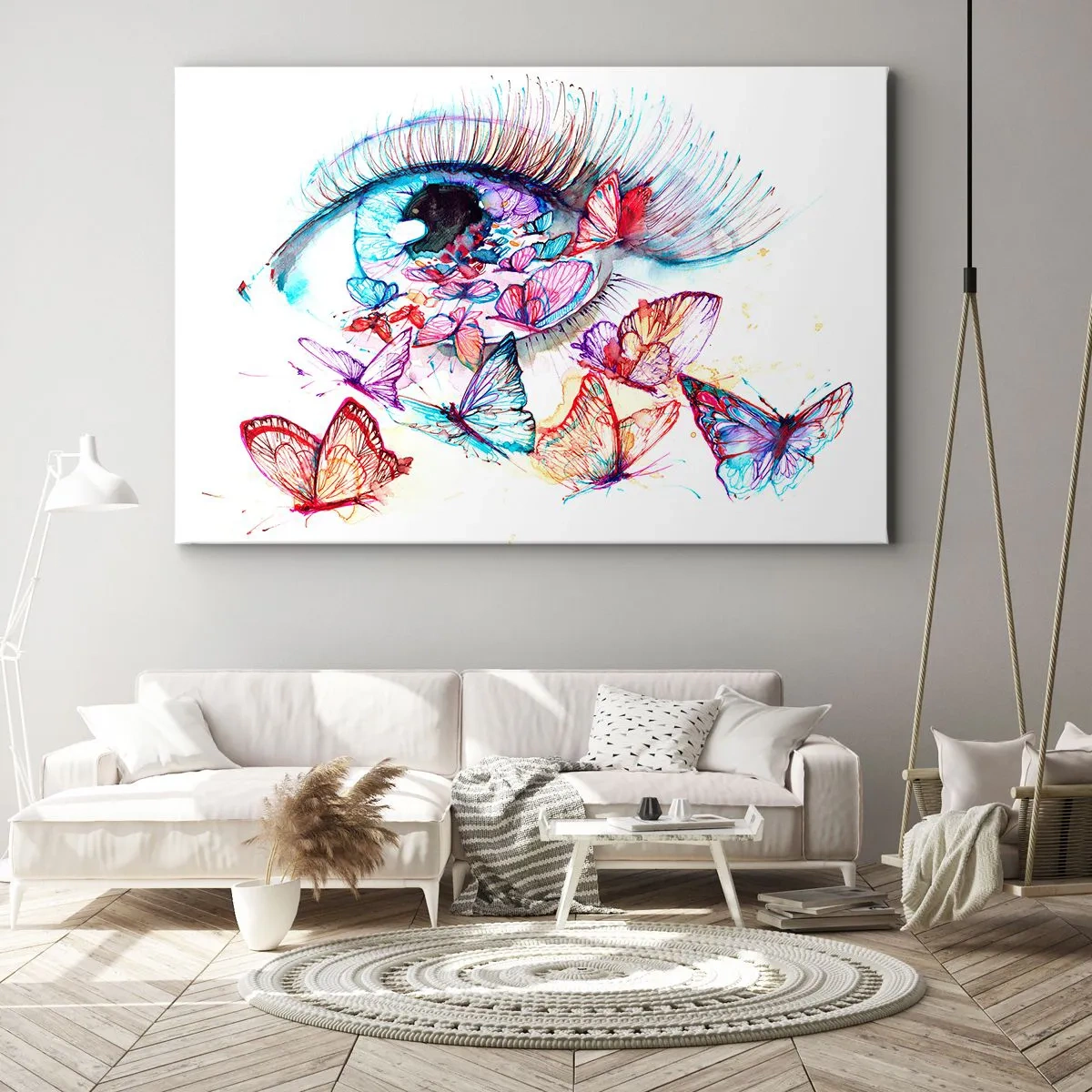 Schilderen op canvas - Een aquareloog omringd door kleurrijke vlinders - 70x50cm - Sprookjesachtige ogen charme - Moderne wanddecoratie voor woonkamer en slaapkamer ARTTOR