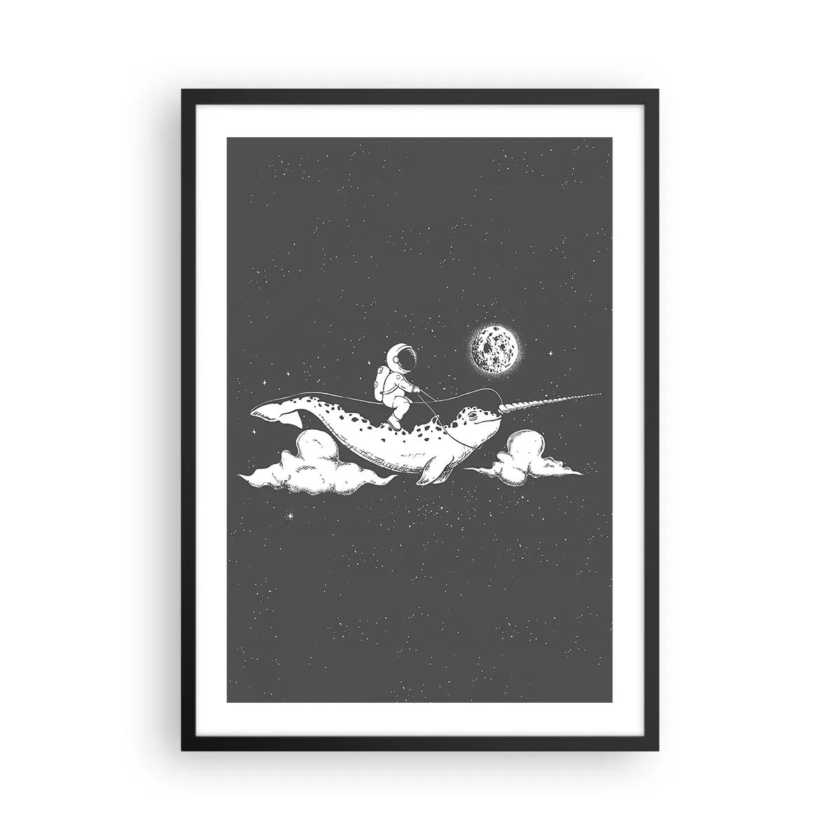 Poster in een zwarte lijst - Astronaut op de rug van een narwal in de ruimte - 50x70cm - Ruimte Ruiter - Moderne wanddecoratie voor woonkamer en slaapkamer ARTTOR