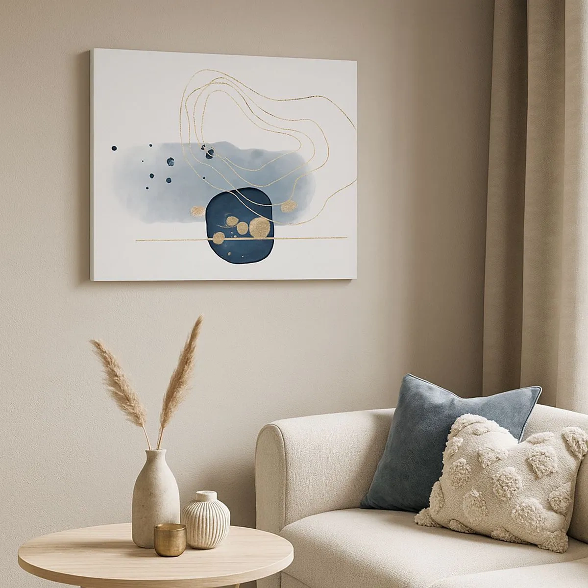 Schilderen op canvas - Abstractie in tinten blauw en goud - 70x50cm - Blauw en goud fantasie - Moderne wanddecoratie voor woonkamer en slaapkamer ARTTOR
