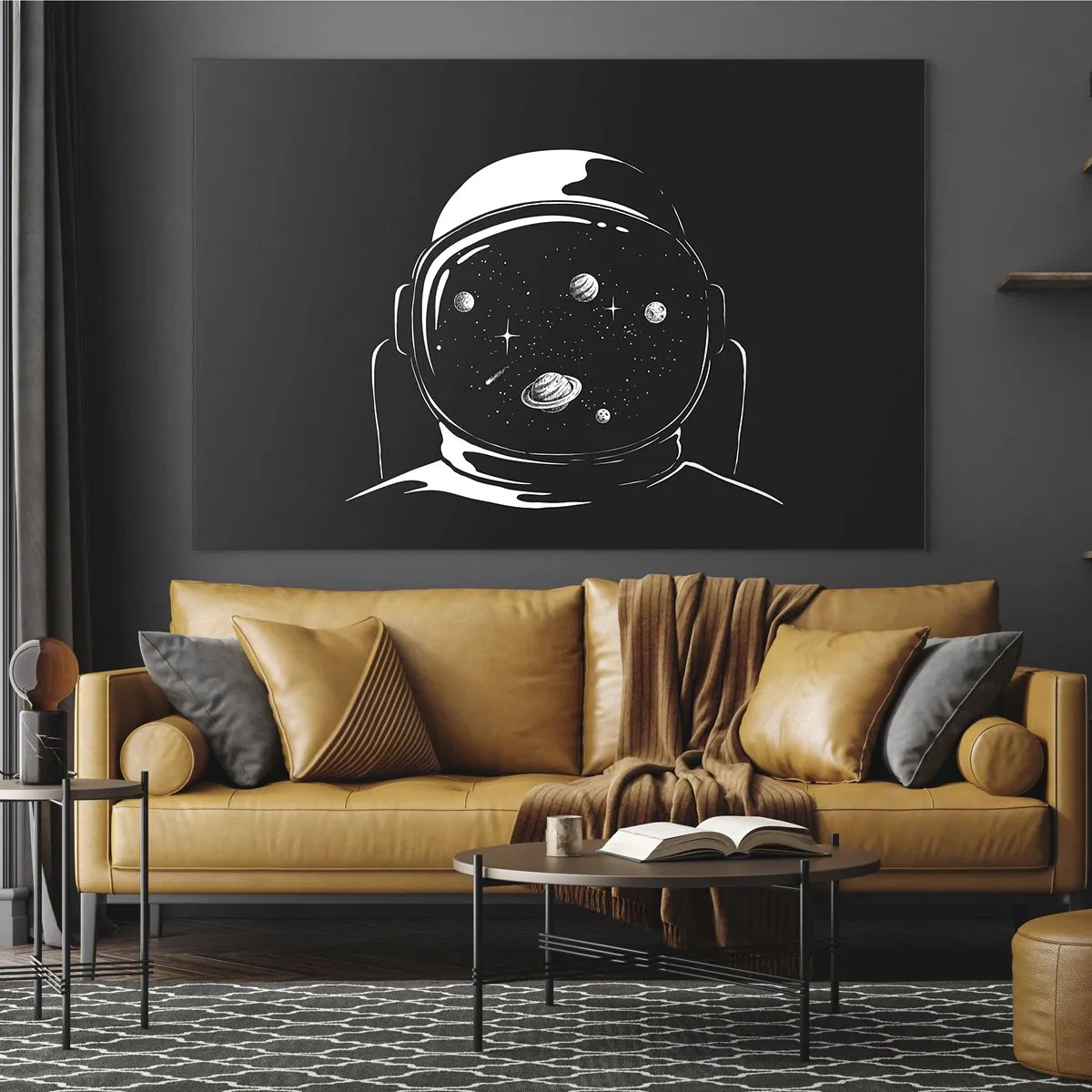 Schilderen op glas - Astronaut met sterren en planeten in zijn helm op een zwarte achtergrond - 70x50cm - Mooi uitzicht - Moderne wanddecoratie voor woonkamer en slaapkamer ARTTOR