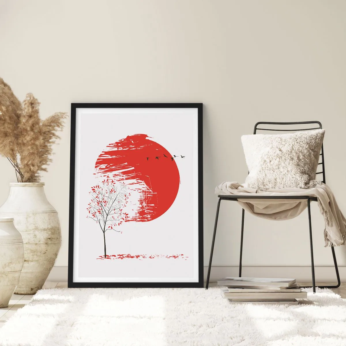 Poster in een zwarte lijst - Rode cirkel met boom en vogels in minimalistische stijl - 50x70cm - Kent u dit land? - Moderne wanddecoratie voor woonkamer en slaapkamer ARTTOR