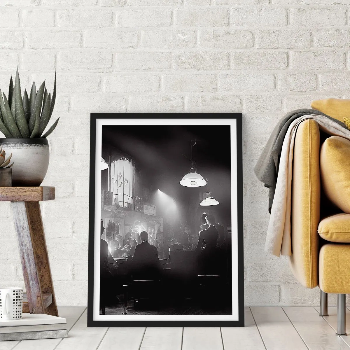 Poster in een zwarte lijst - Een zwart-witscène uit een sfeervolle jazznachtclub - 50x70cm - In jazz-sfeer - Moderne wanddecoratie voor woonkamer en slaapkamer ARTTOR