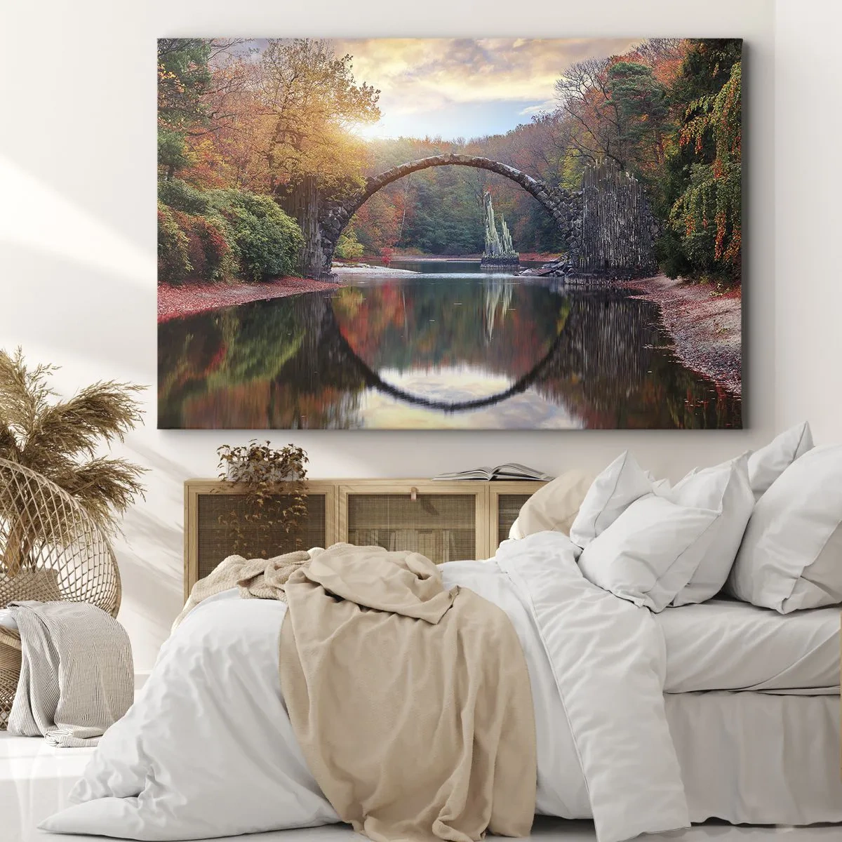 Schilderen op canvas - Een stenen brug in een herfstlandschap over kalm water - 70x50cm - Aan de andere kant van de spiegel - Moderne wanddecoratie voor woonkamer en slaapkamer ARTTOR