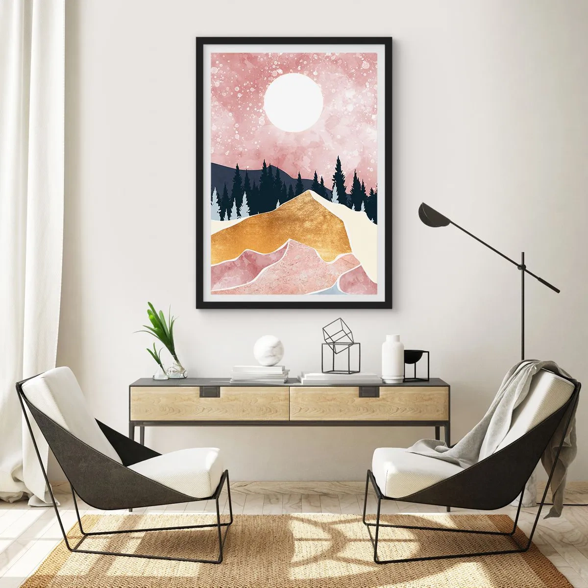 Poster in een zwarte lijst - Abstract landschap met bos, bergen en gouden accenten - 50x70cm - Nachtwacht - Moderne wanddecoratie voor woonkamer en slaapkamer ARTTOR