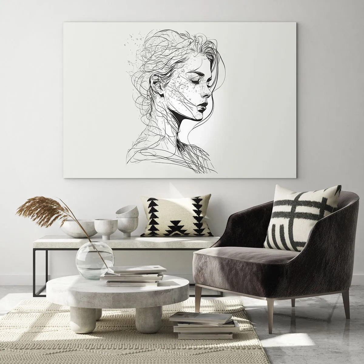 Schilderen op glas - Een zwart-wit schets van een vrouw met haar ogen gesloten in een dunne lijn. - 70x50cm - Portret in gedachten - Moderne wanddecoratie voor woonkamer en slaapkamer ARTTOR