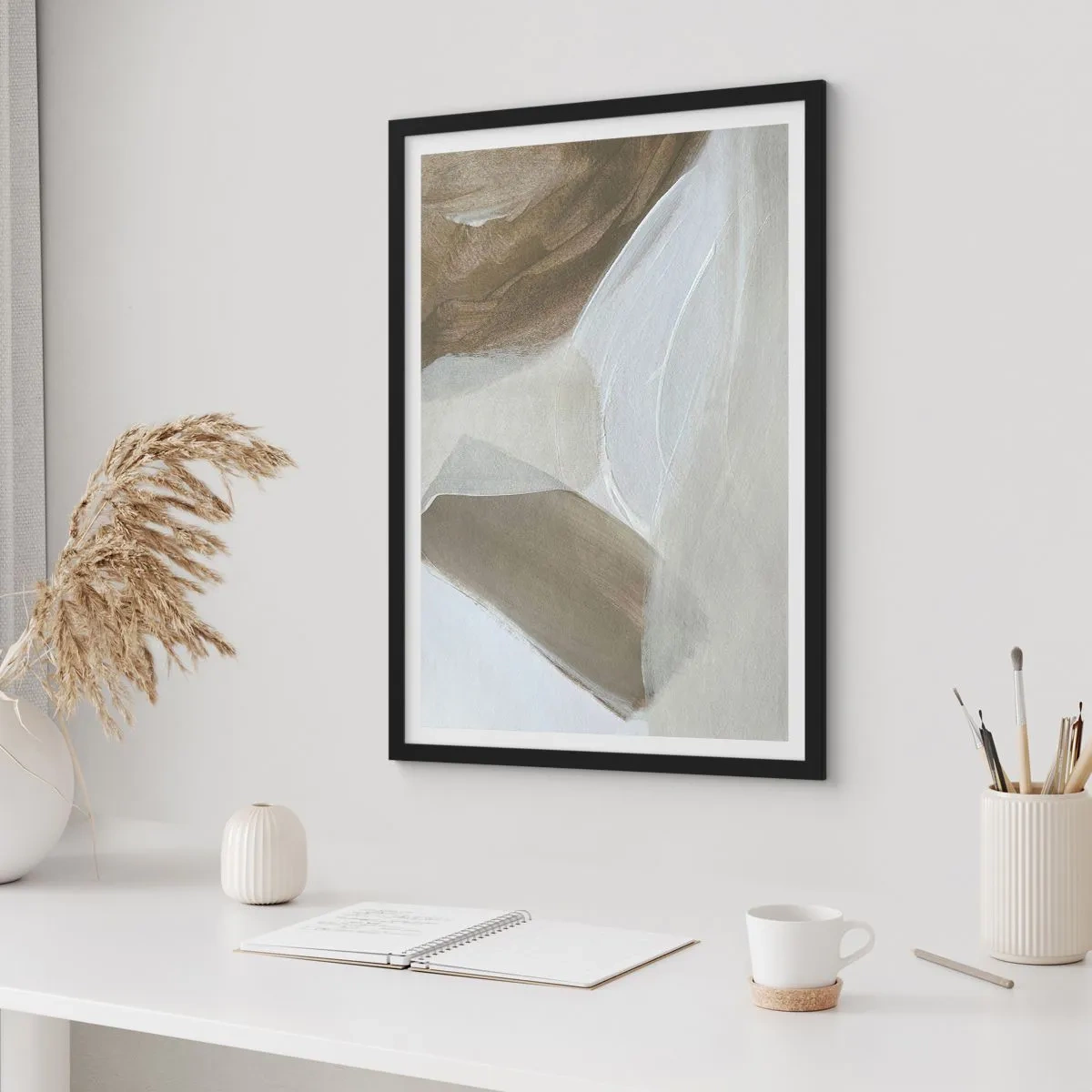 Poster in een zwarte lijst - Minimalistische abstractie in beige tinten - 50x70cm - Een golf van wit - Moderne wanddecoratie voor woonkamer en slaapkamer ARTTOR