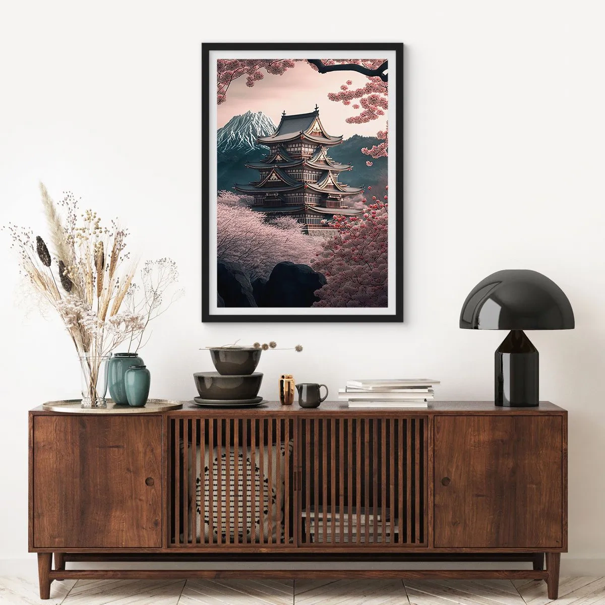 Poster in een zwarte lijst - Japanse pagode tussen kersenbloesems - 50x70cm - Het land van de kersenbloesem - Moderne wanddecoratie voor woonkamer en slaapkamer ARTTOR