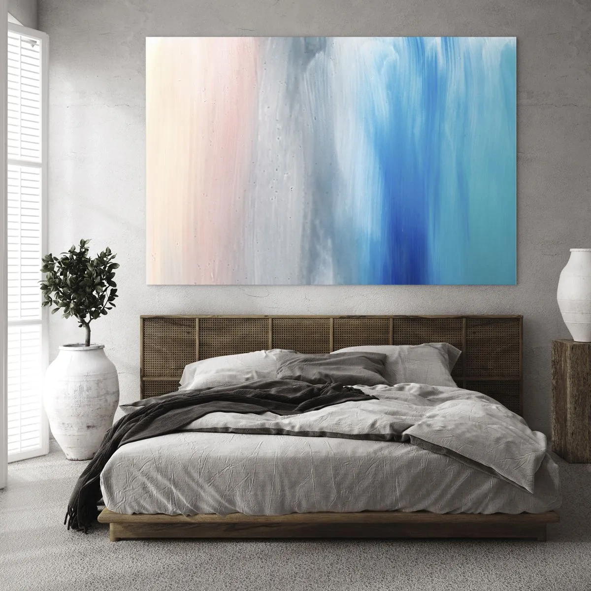 Schilderen op glas - Verticale strepen in pastel- en blauwkleuren in een abstracte stijl. - 70x50cm - Elementen: lucht - Moderne wanddecoratie voor woonkamer en slaapkamer ARTTOR