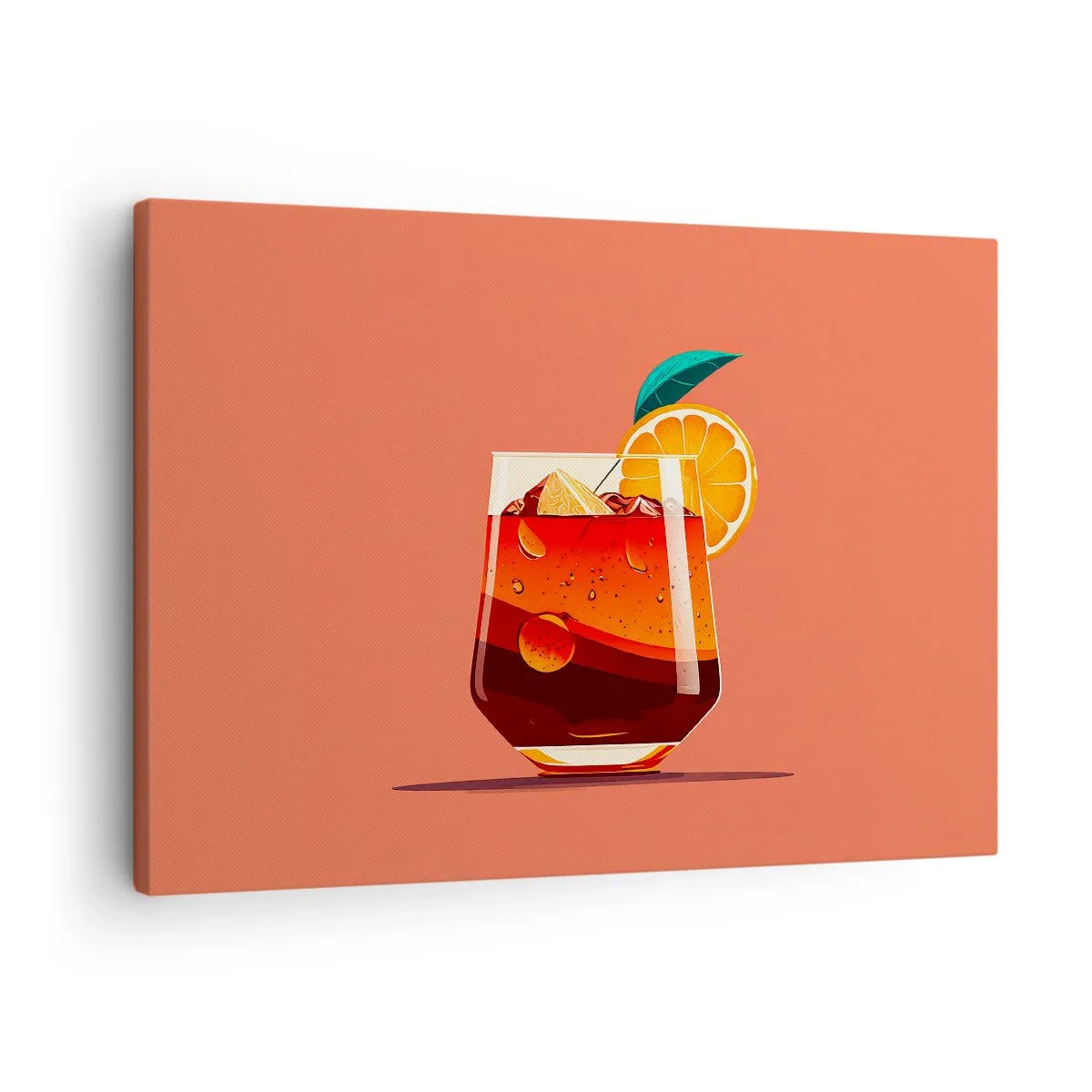 Schilderen op canvas - Een glas drank en een sinaasappelschijfje op een oranje achtergrond - 70x50cm - Zomerse verfrissing - Moderne wanddecoratie voor woonkamer en slaapkamer ARTTOR