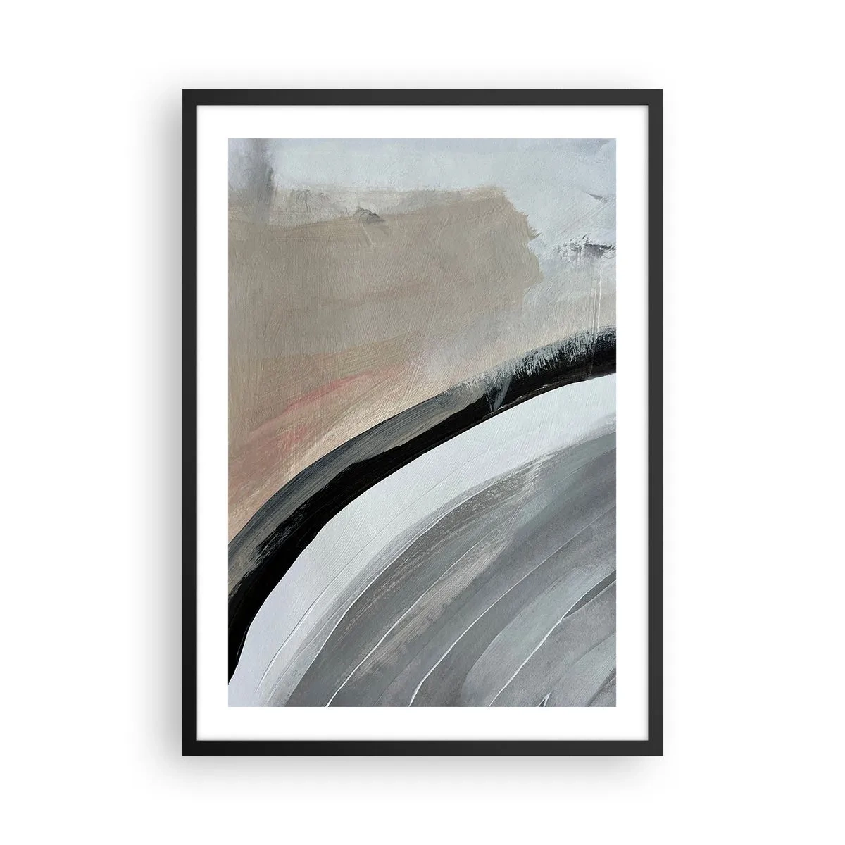 Poster in een zwarte lijst - Abstracte compositie met lijnen in grijs- en beigetinten. - 50x70cm - Compositie: boog van zwart en grijs - Moderne wanddecoratie voor woonkamer en slaapkamer ARTTOR