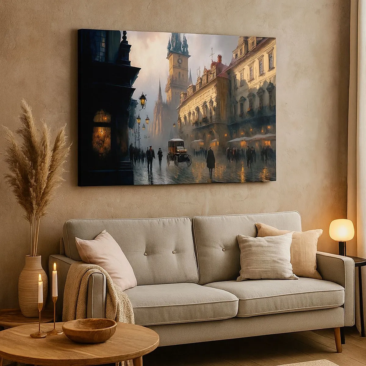 Schilderen op canvas - Avondstraatbeeld met historische architectuur - 70x50cm - De charme van een Praagse avond - Moderne wanddecoratie voor woonkamer en slaapkamer ARTTOR