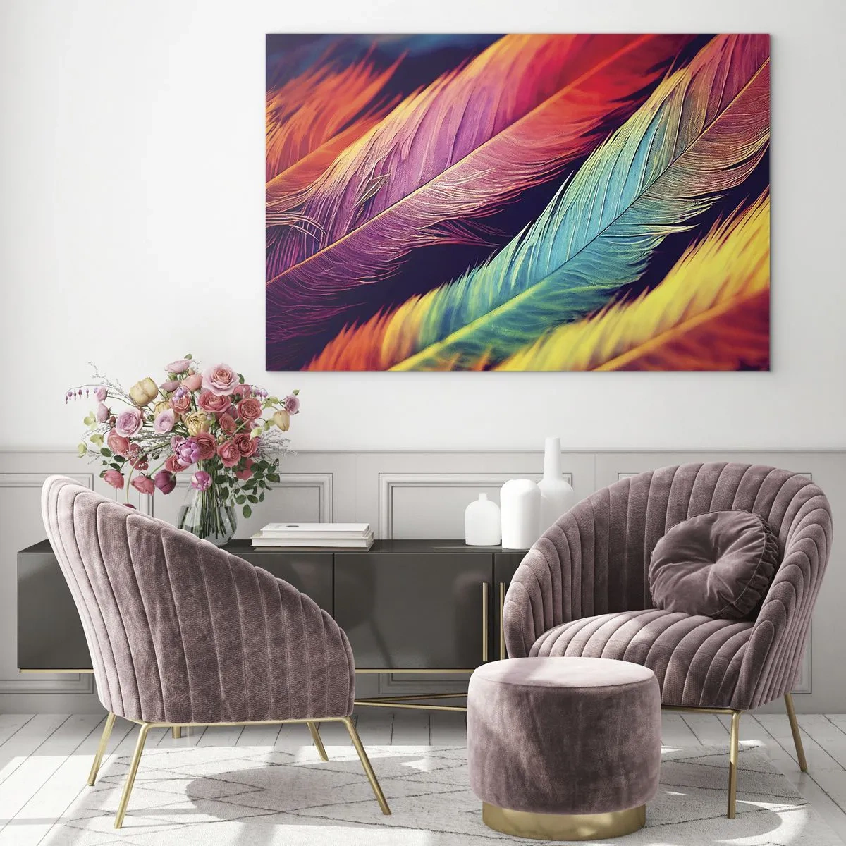 Schilderen op glas - Kleurrijke veren in intense regenboogtinten - 70x50cm - Gevederde regenboog - Moderne wanddecoratie voor woonkamer en slaapkamer ARTTOR