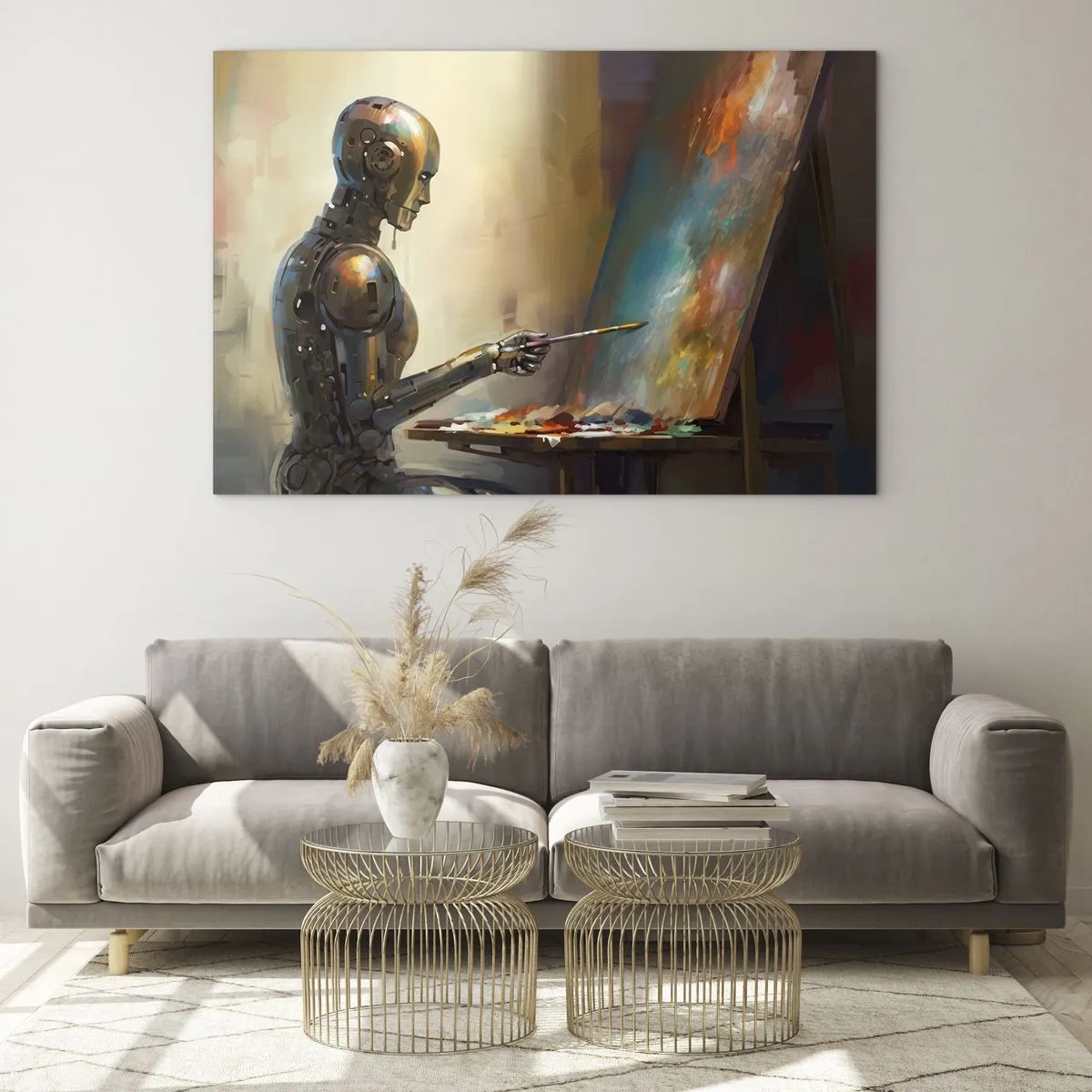 Schilderen op glas - Een robot die een schilderij maakt op een ezel - 70x50cm - De kunst van de toekomst - Moderne wanddecoratie voor woonkamer en slaapkamer ARTTOR